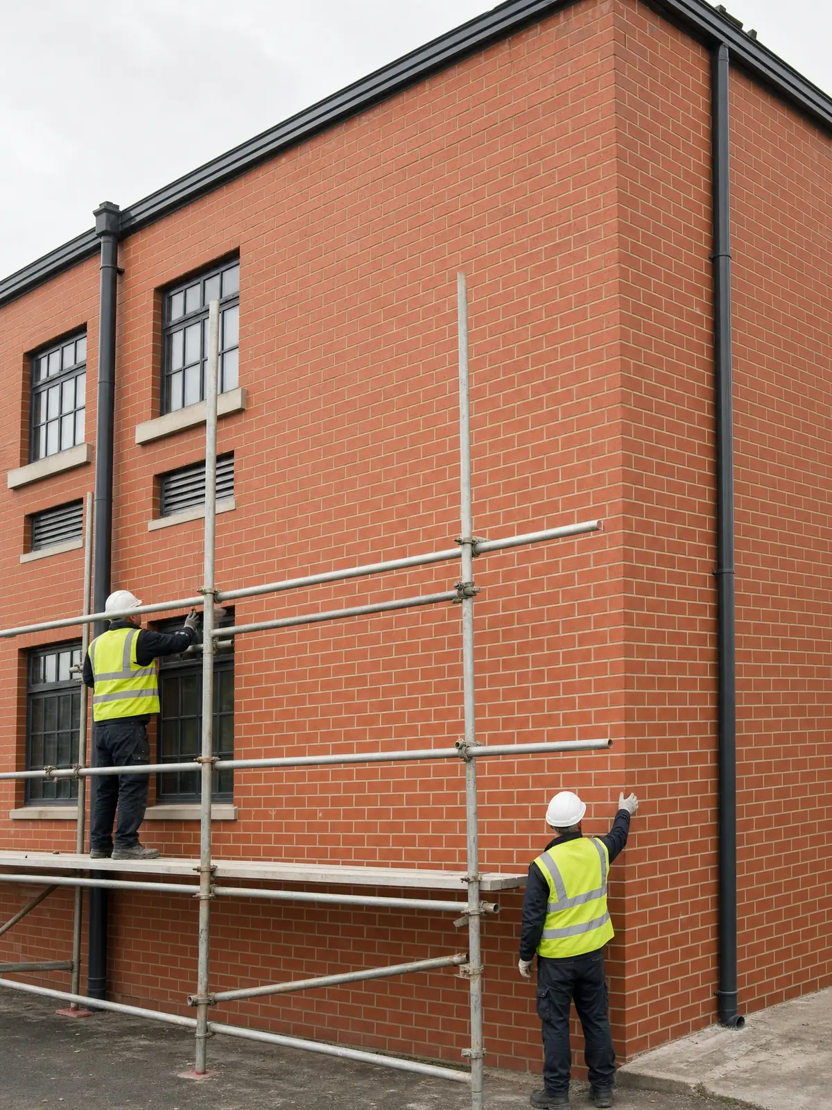 A fully restored bright red-brick commercial building facade after cleaning