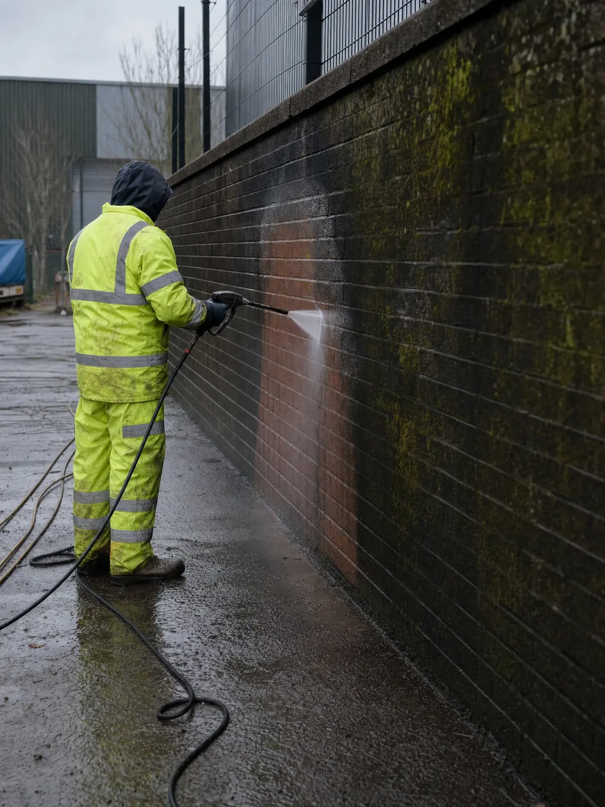 Cleaning a brick boundary wall at a commercial site