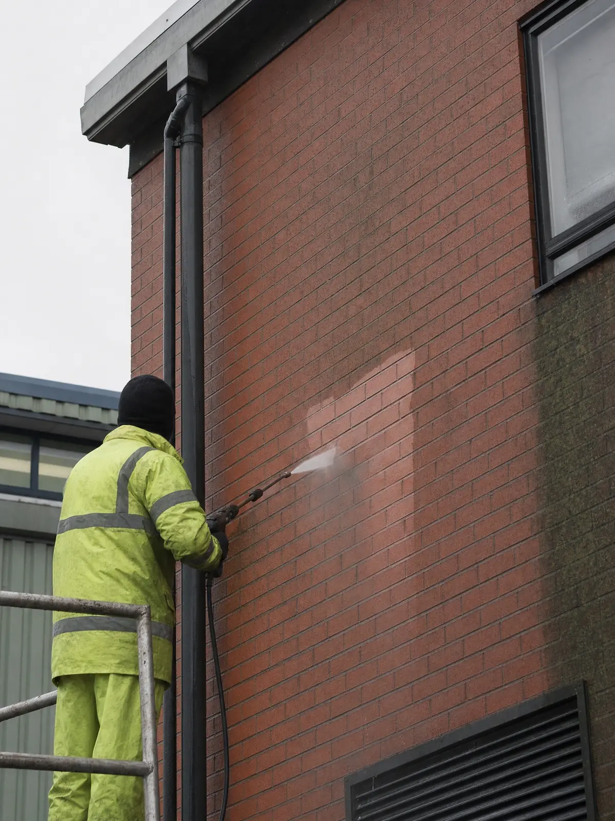 Cleaning the brickwork of a commercial building