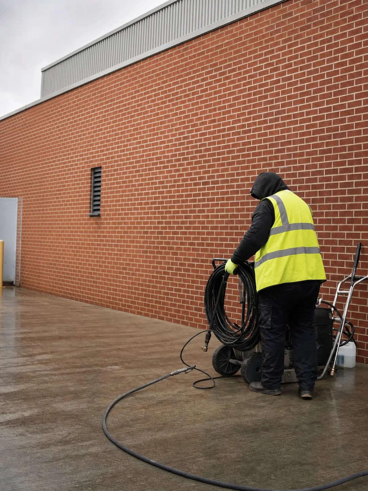 A spotless restored brick wall with equipment being packed away