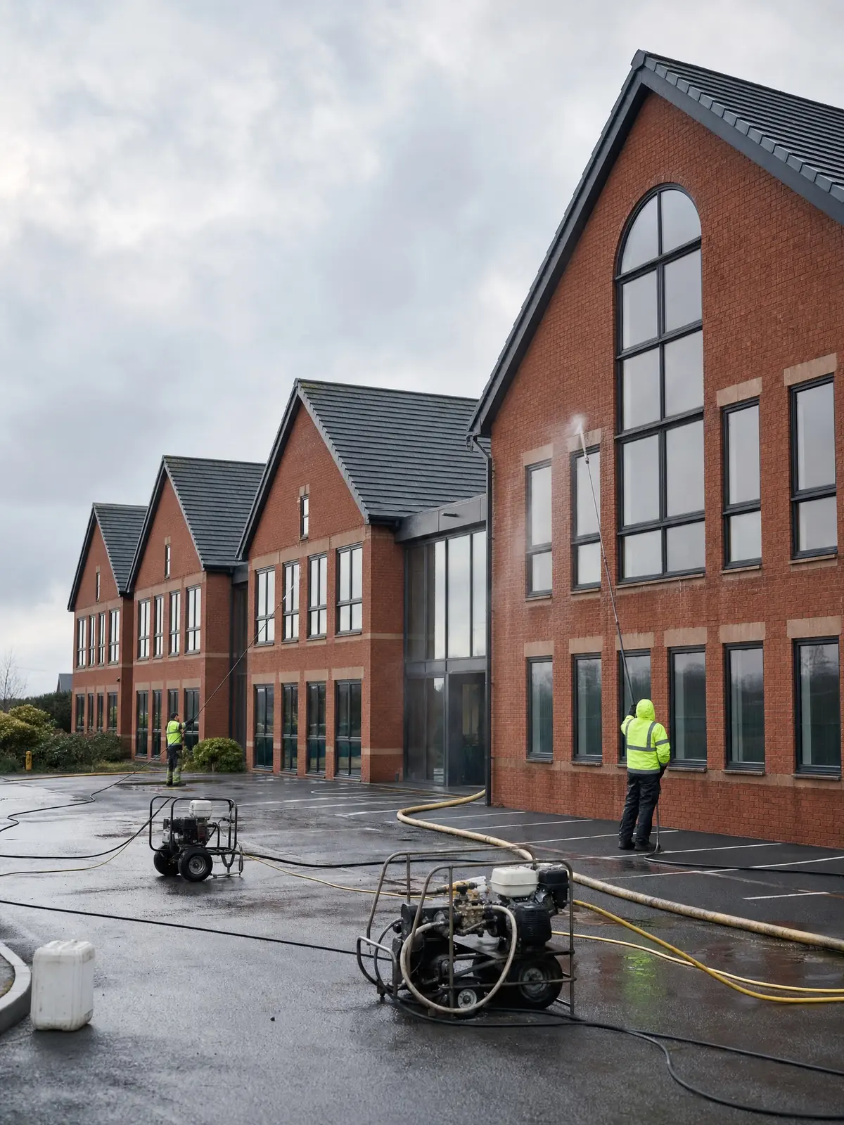 Wide view of a large multi-unit commercial brick complex being cleaned