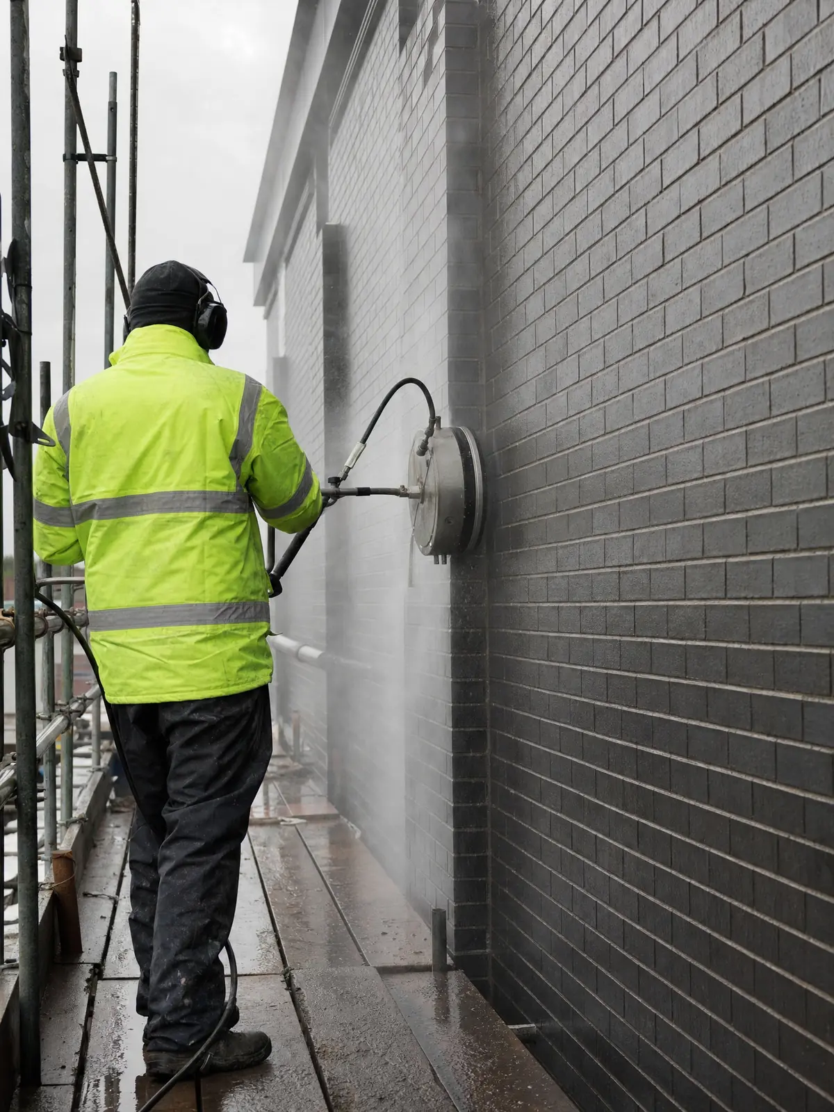 Operative using a low-pressure rotary cleaner on a commercial brick wall