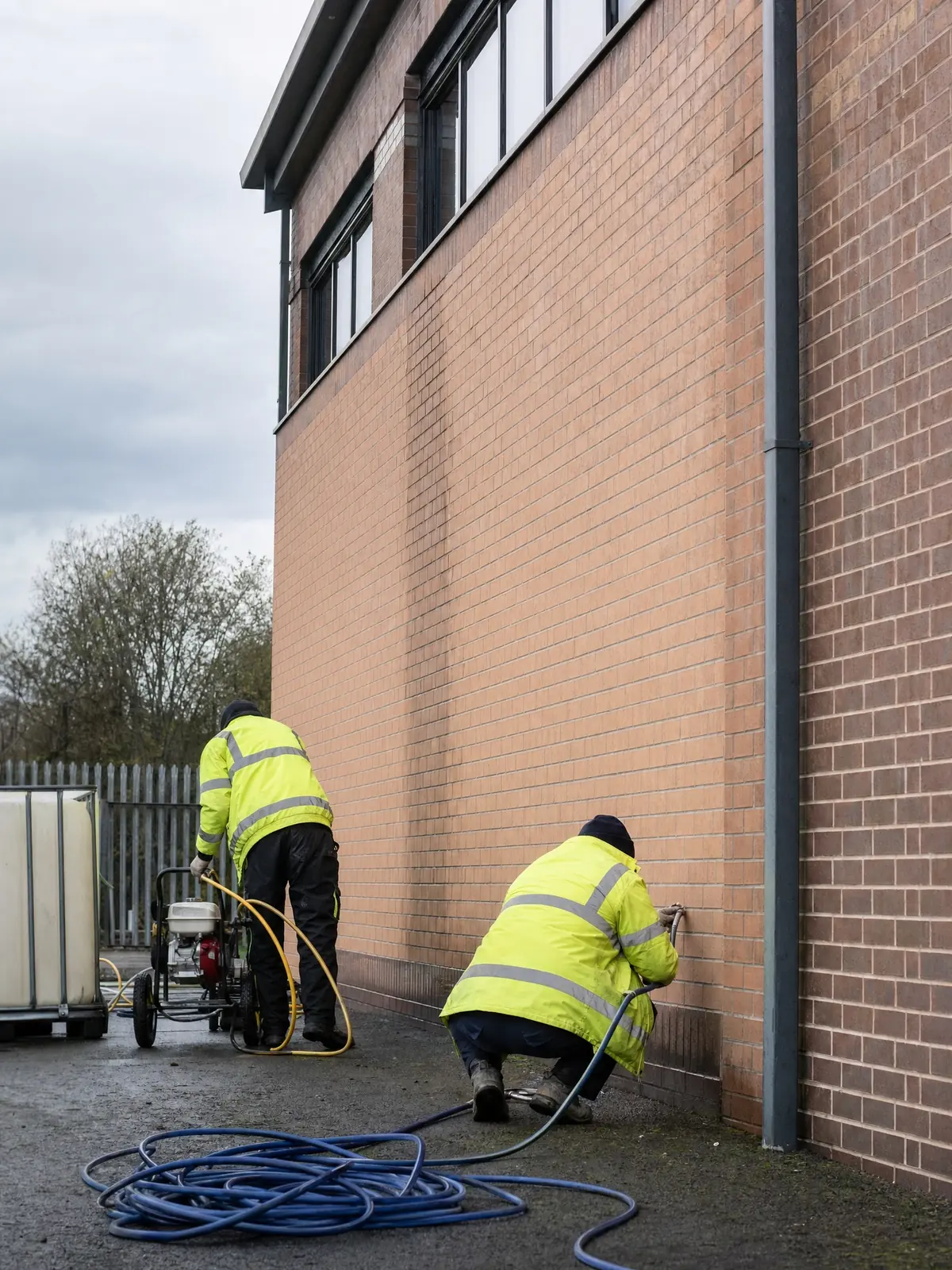 Two operatives setting up brick-cleaning equipment at a large commercial building