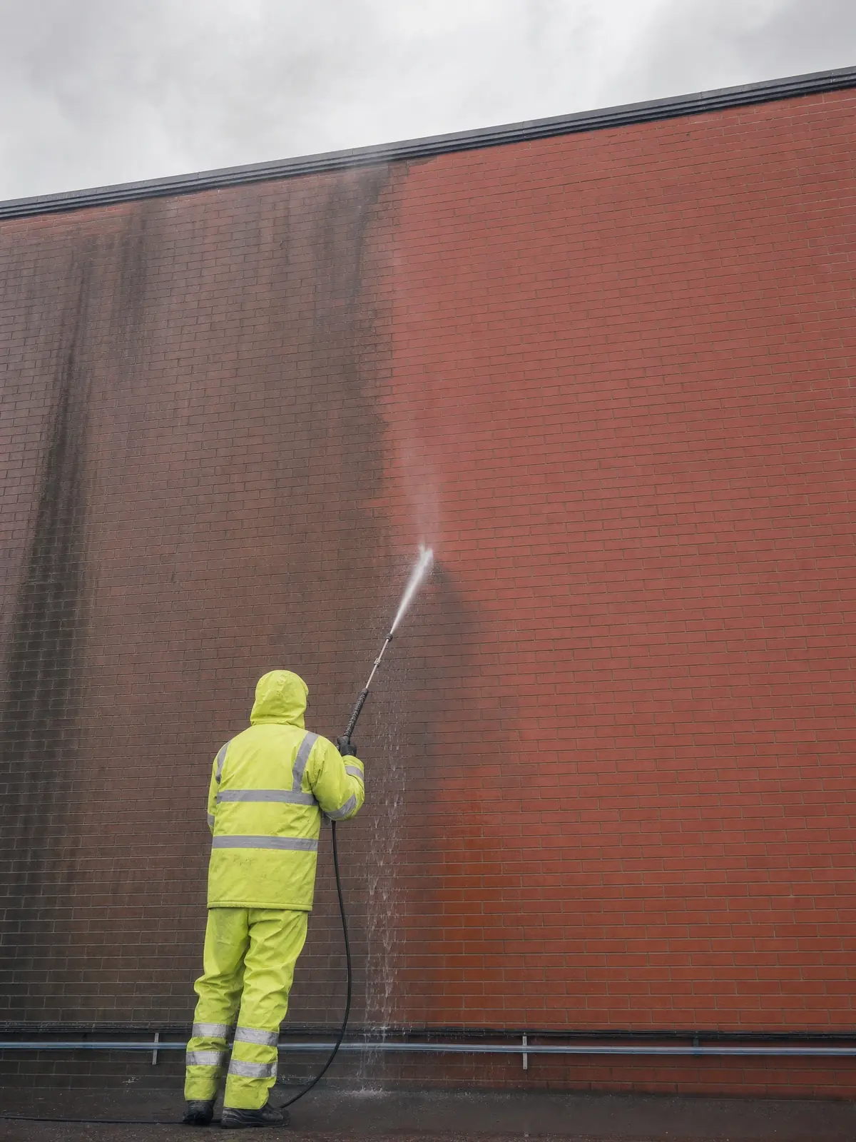 Cleaning a commercial red-brick wall