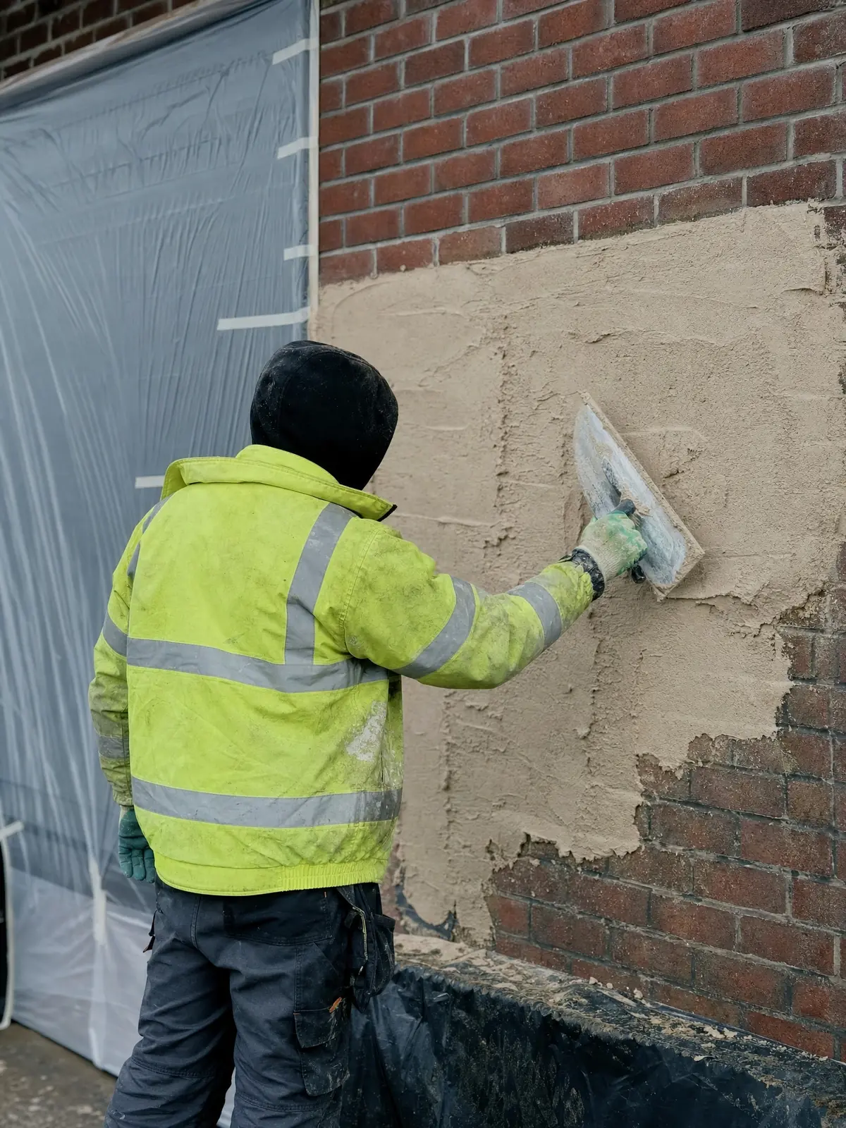 Operative applying a poultice paint-removal system to a brick wall