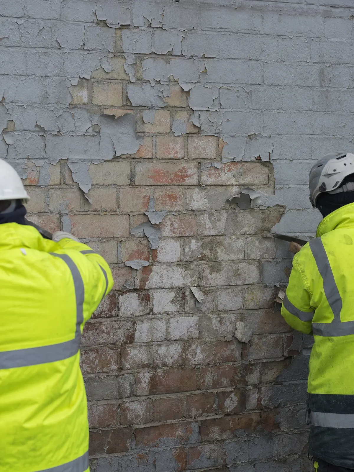 Old flaking paint peeling from a commercial brick wall showing damage