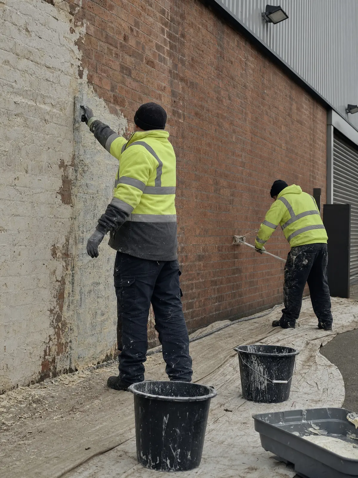 Operatives working along a masked commercial wall during paint removal