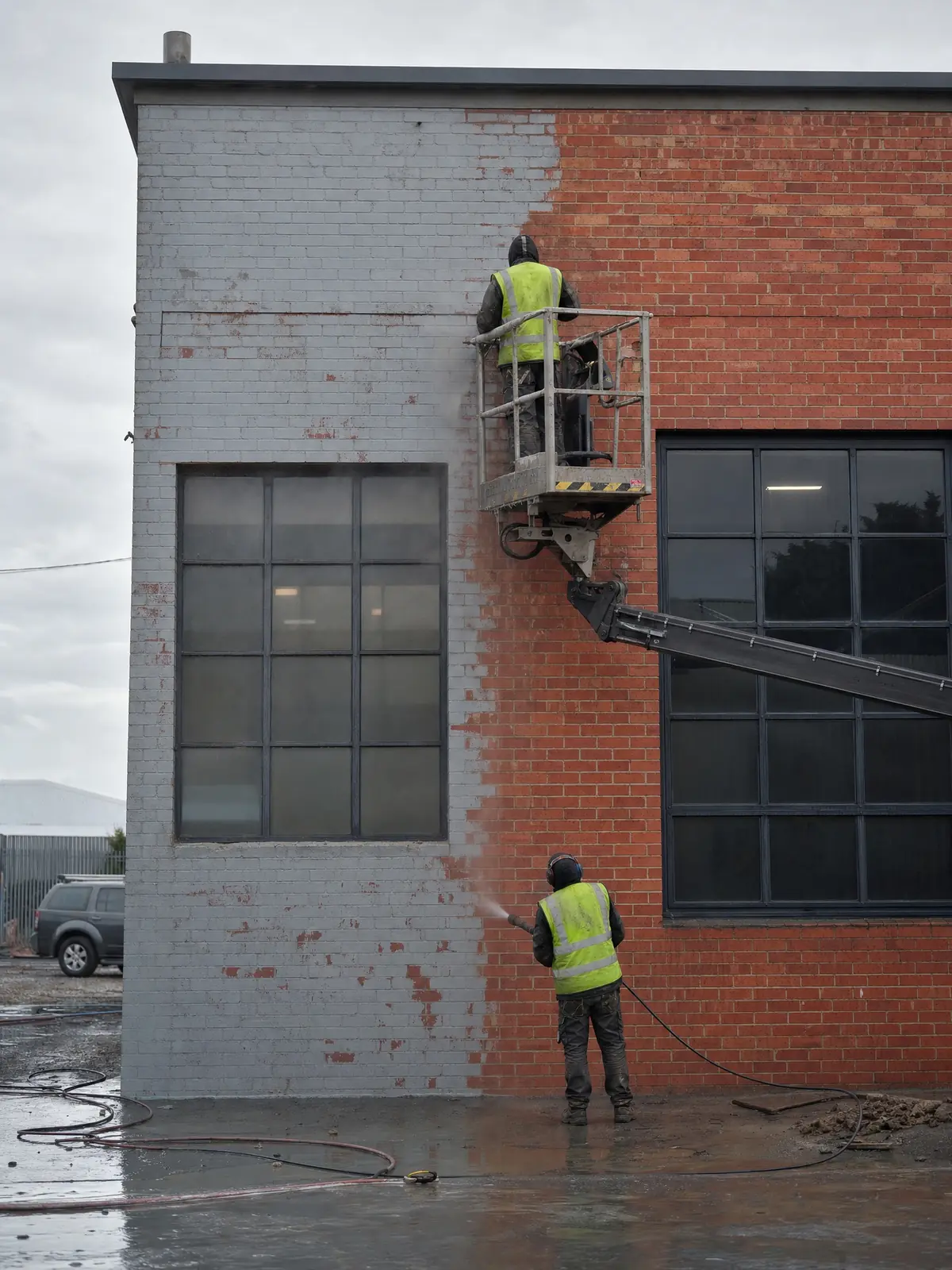 A painted commercial brick facade half stripped back to bare brick