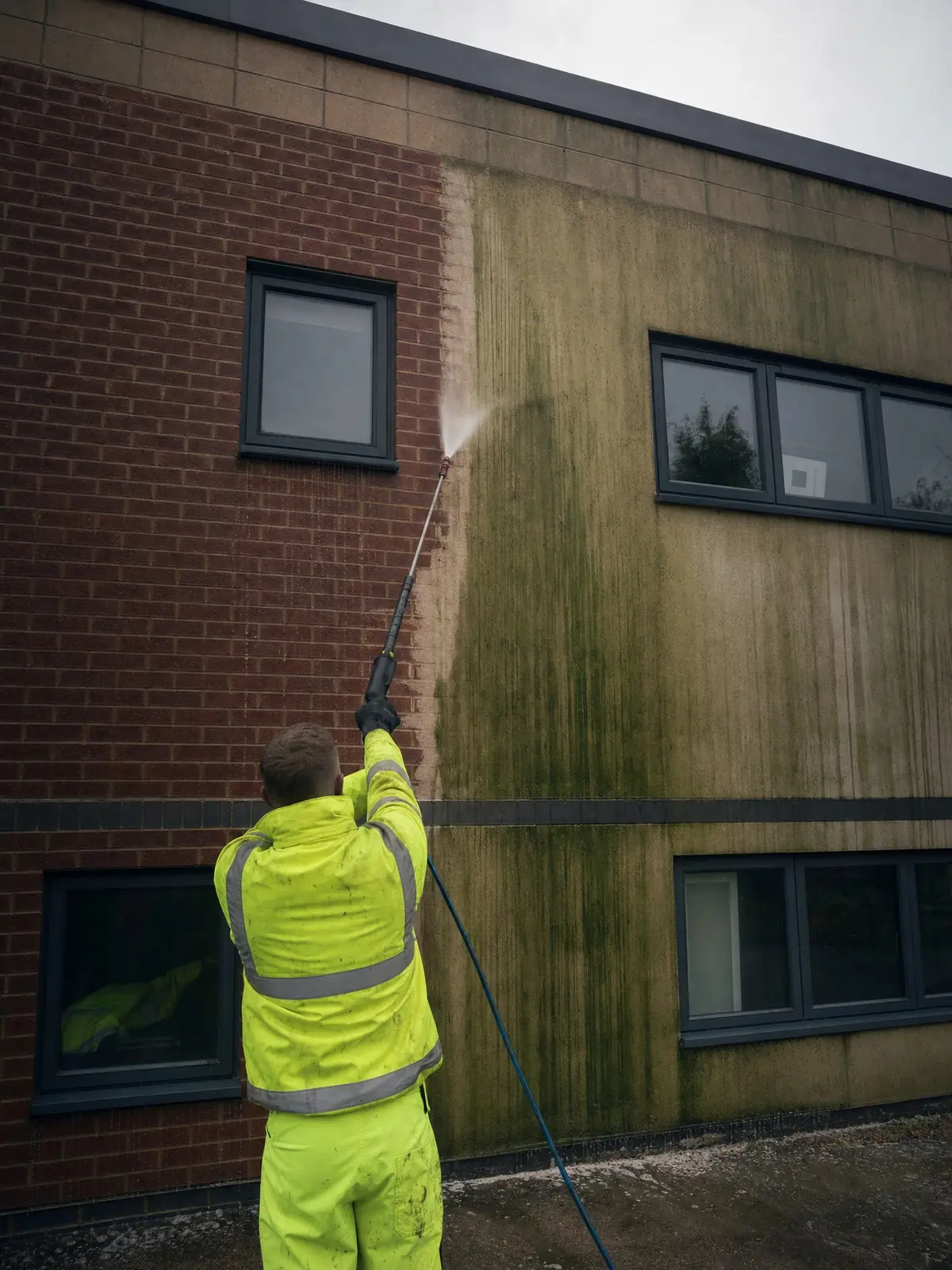 Softwashing a commercial building facade