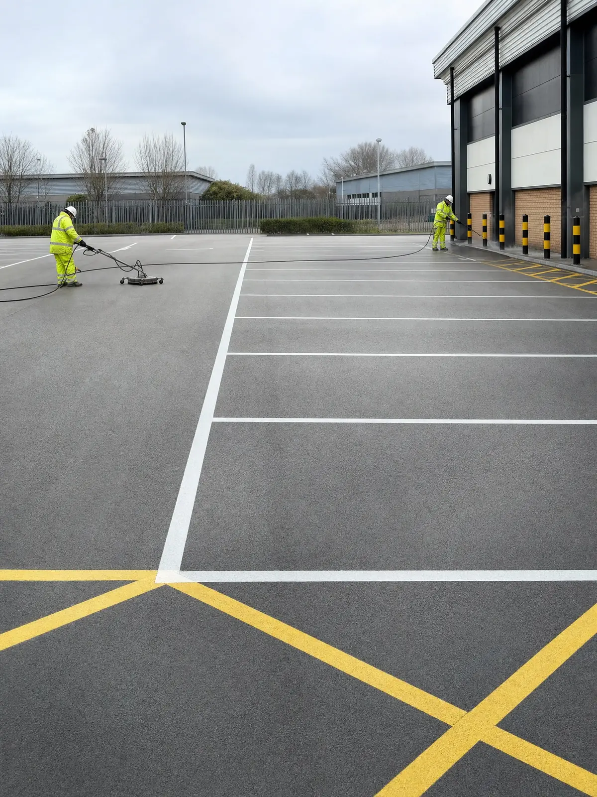 A freshly cleaned commercial car park with crisp bright bay markings