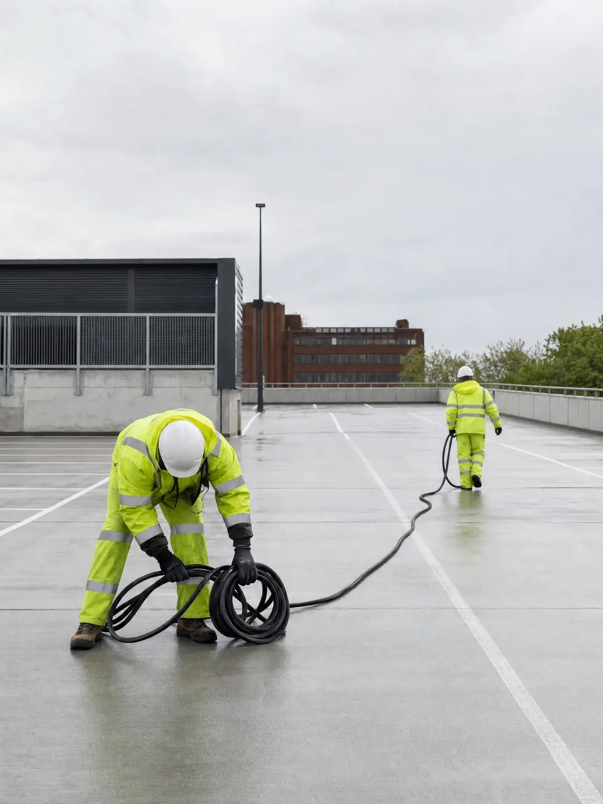 A spotless finished car park deck with equipment being packed away