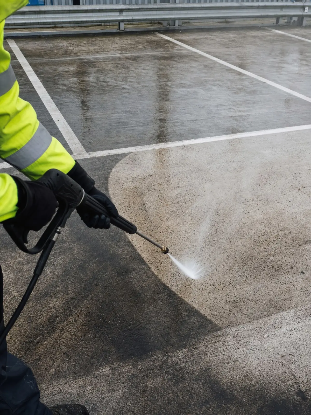 Pressure washing oil stains off a commercial car park