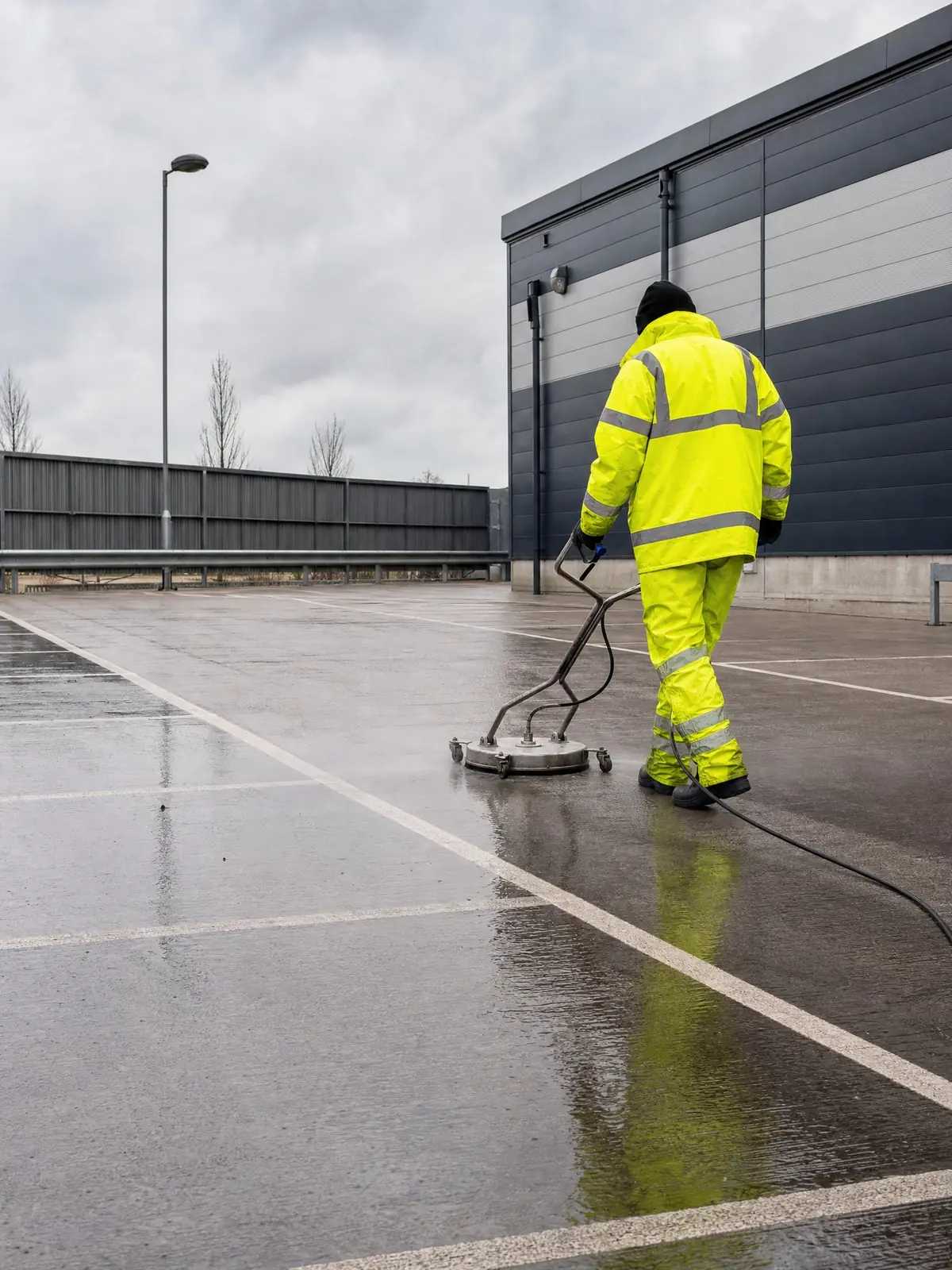 Operative using a ride-on rotary surface cleaner across a car park
