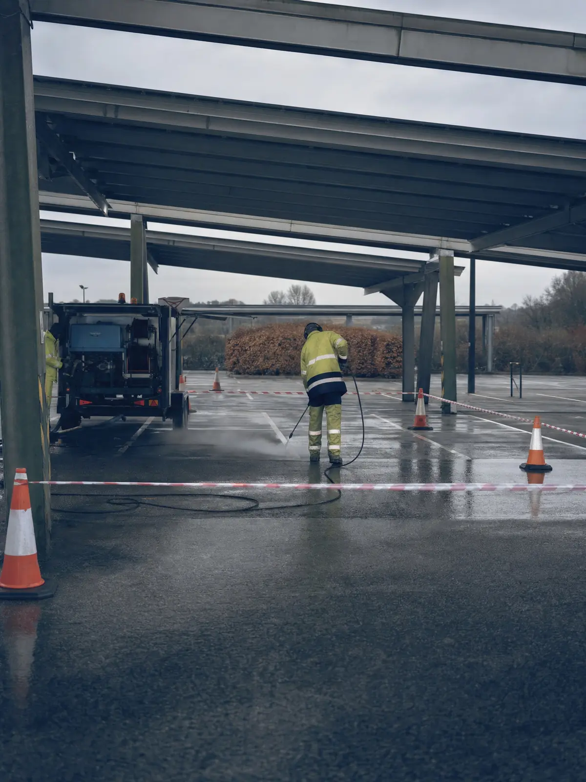 Car park cleaning underway at night with sections coned off