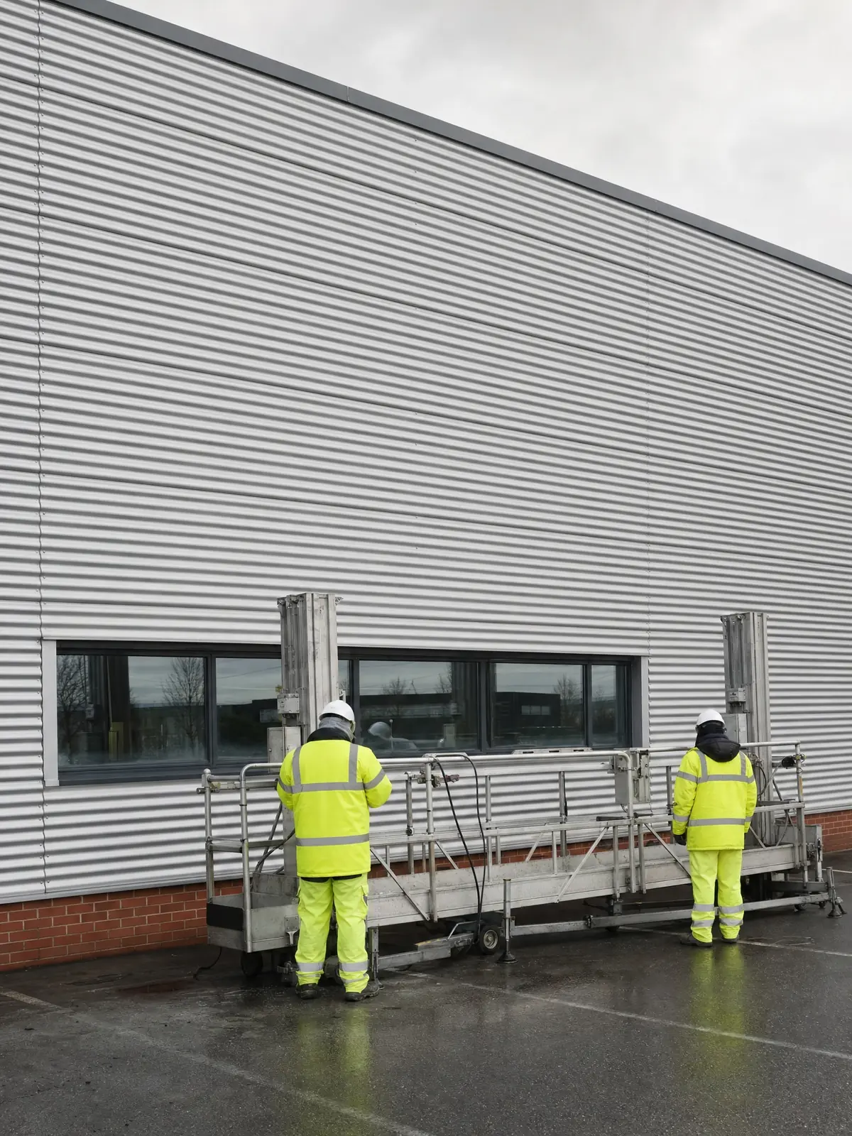 A cleaned cladding elevation with access platform lowered after completion