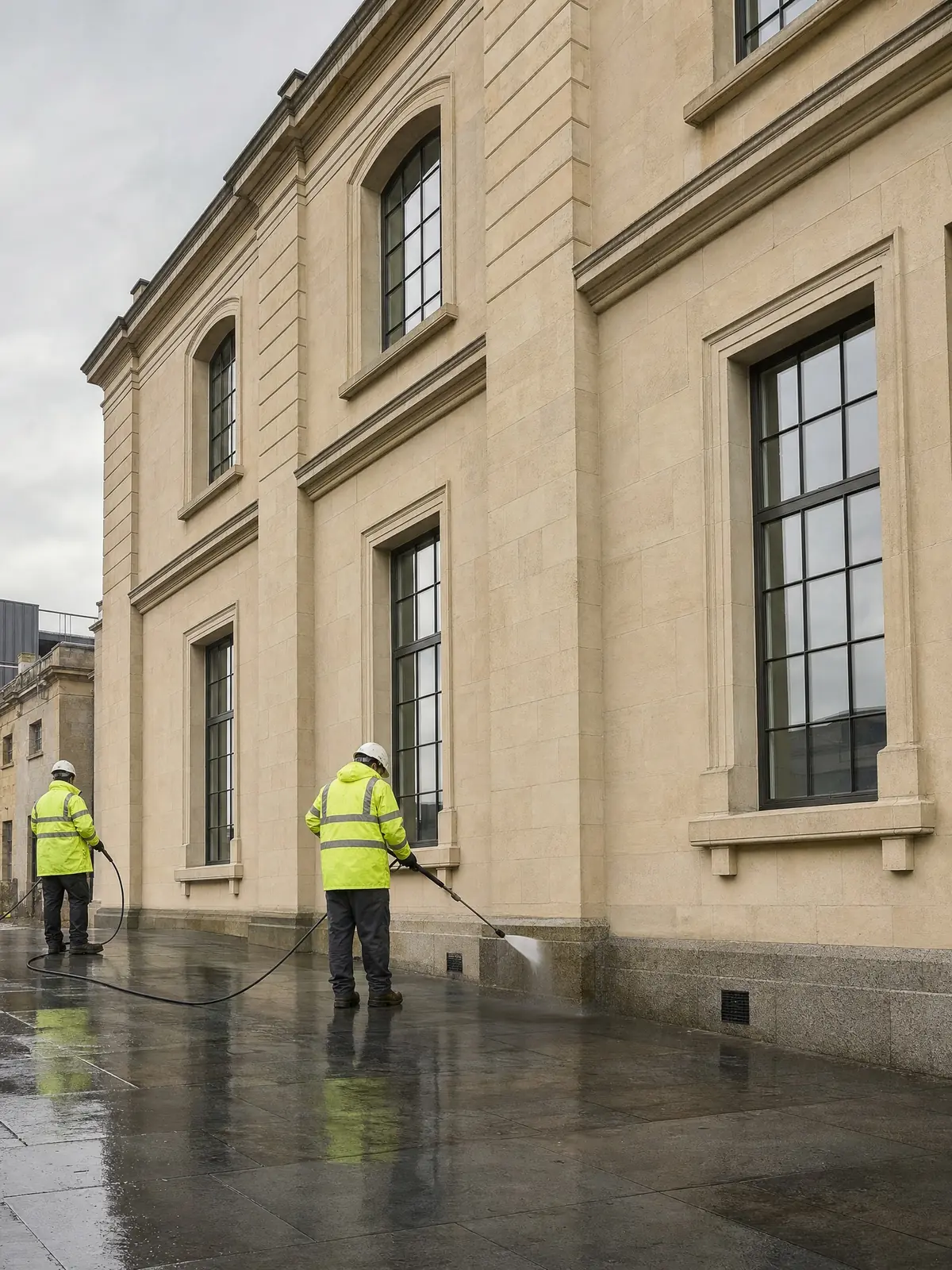 A restored pale stone facade after DOFF cleaning looking bright and even