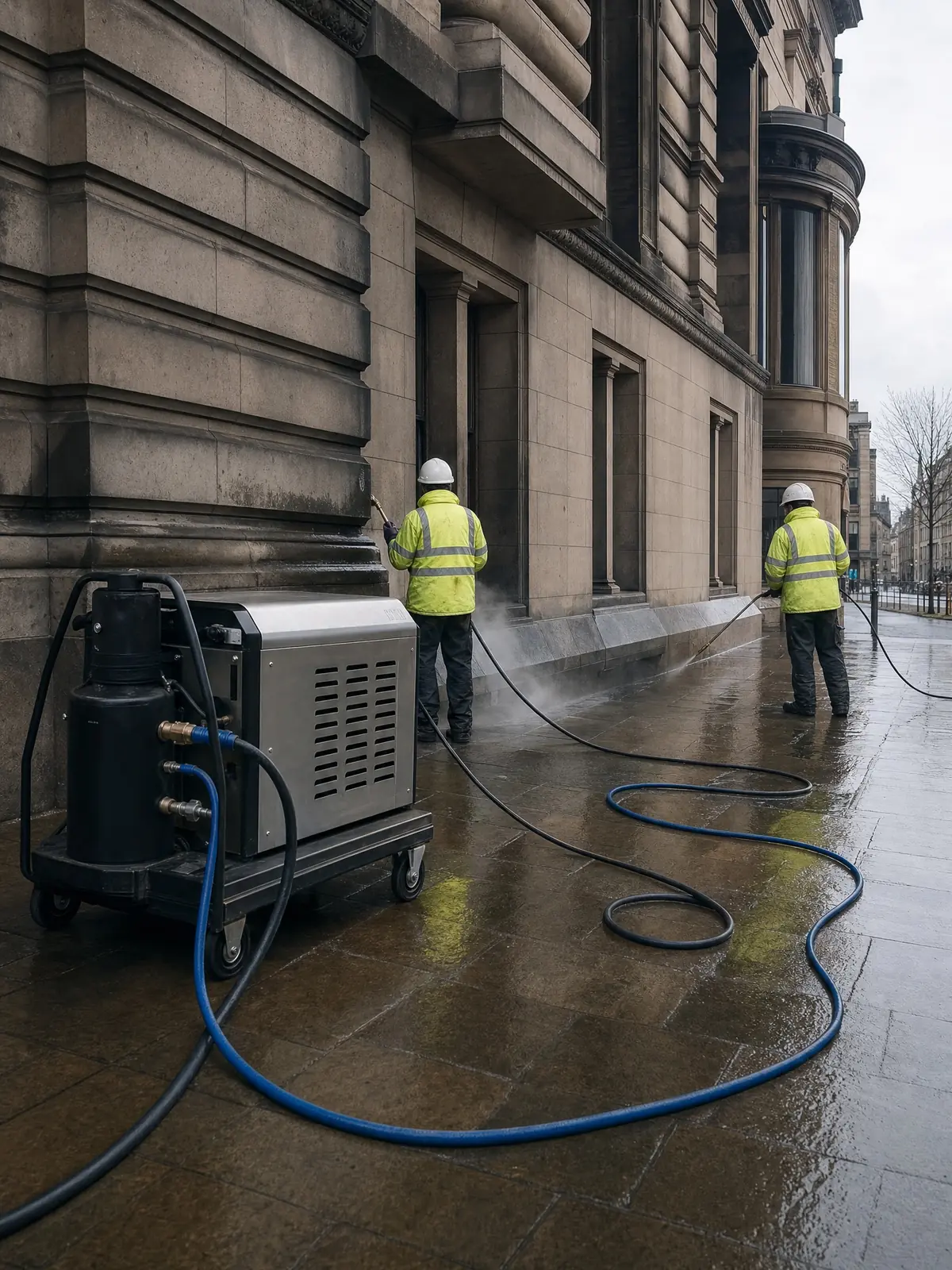 Operatives with a DOFF steam unit set up at a heritage commercial building