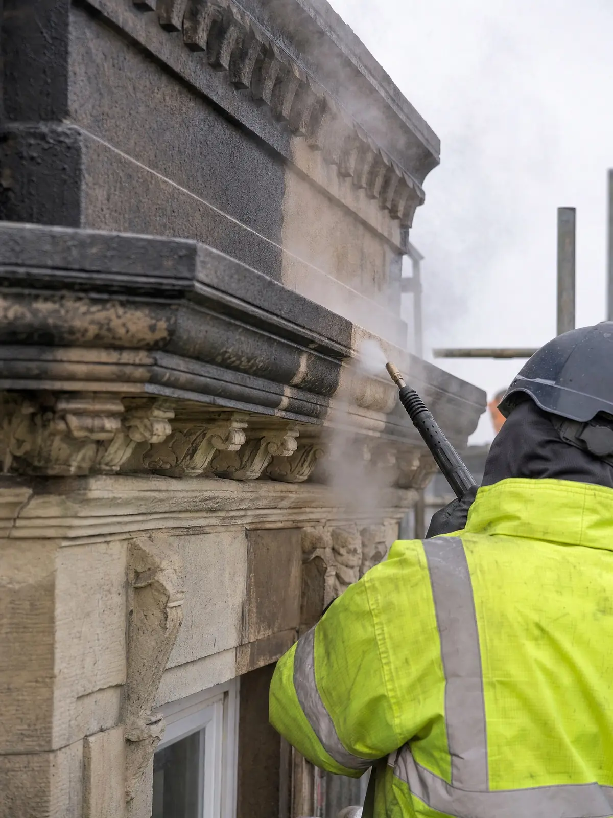 Specialist cleaning of ornate stone detailing on a commercial building