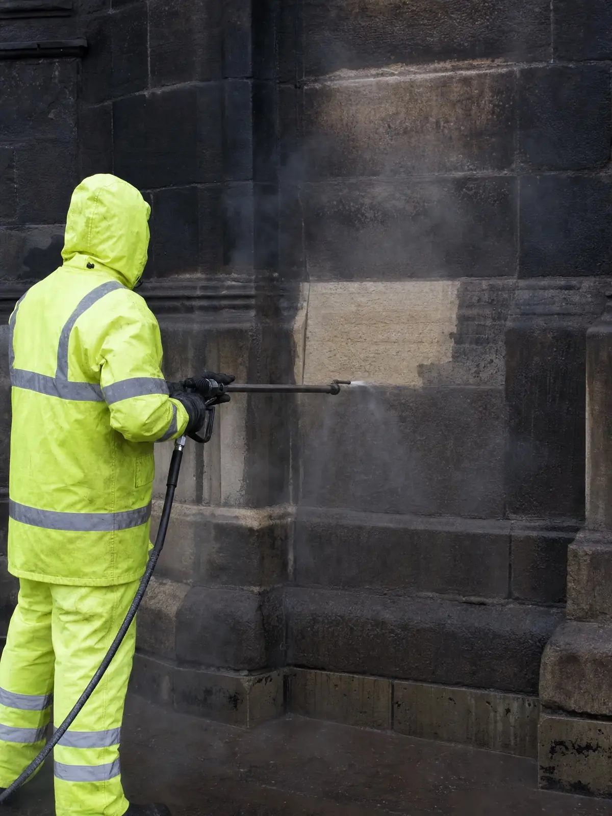 DOFF superheated steam lance restoring a soiled heritage stone facade