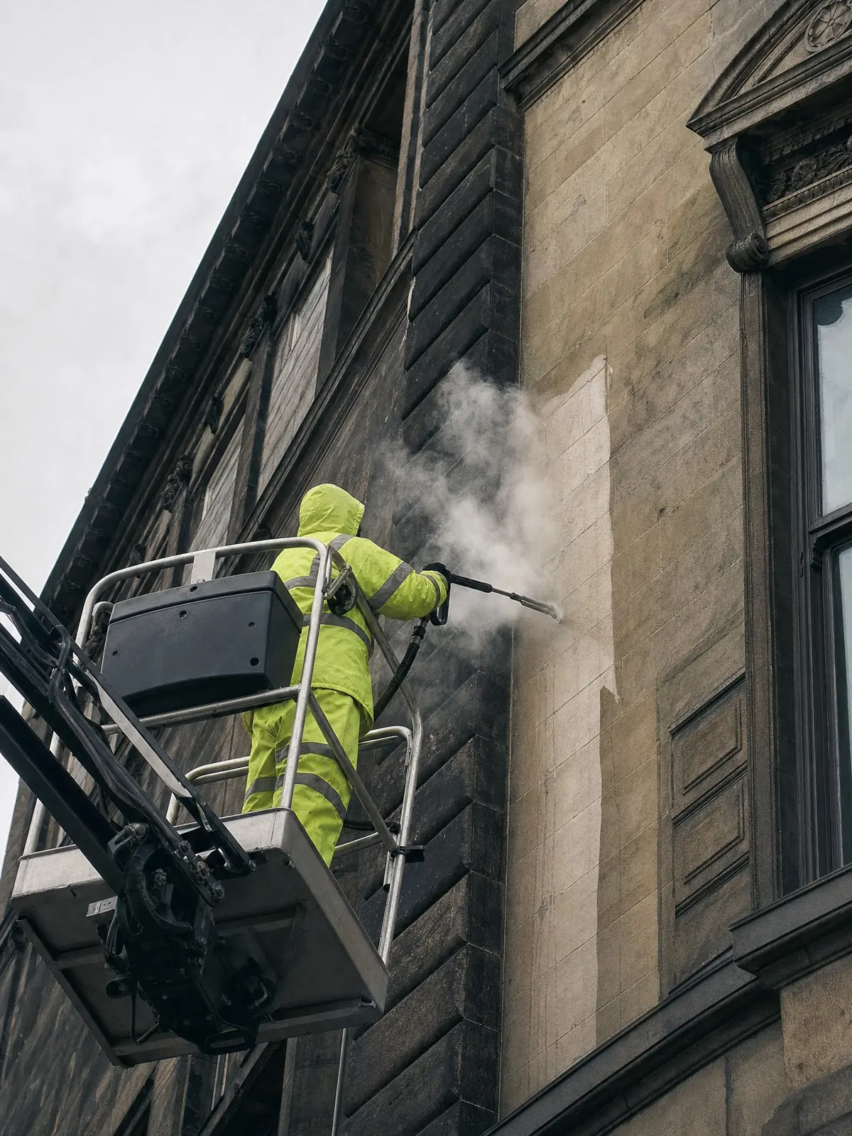 DOFF steam cleaning a heritage stone facade
