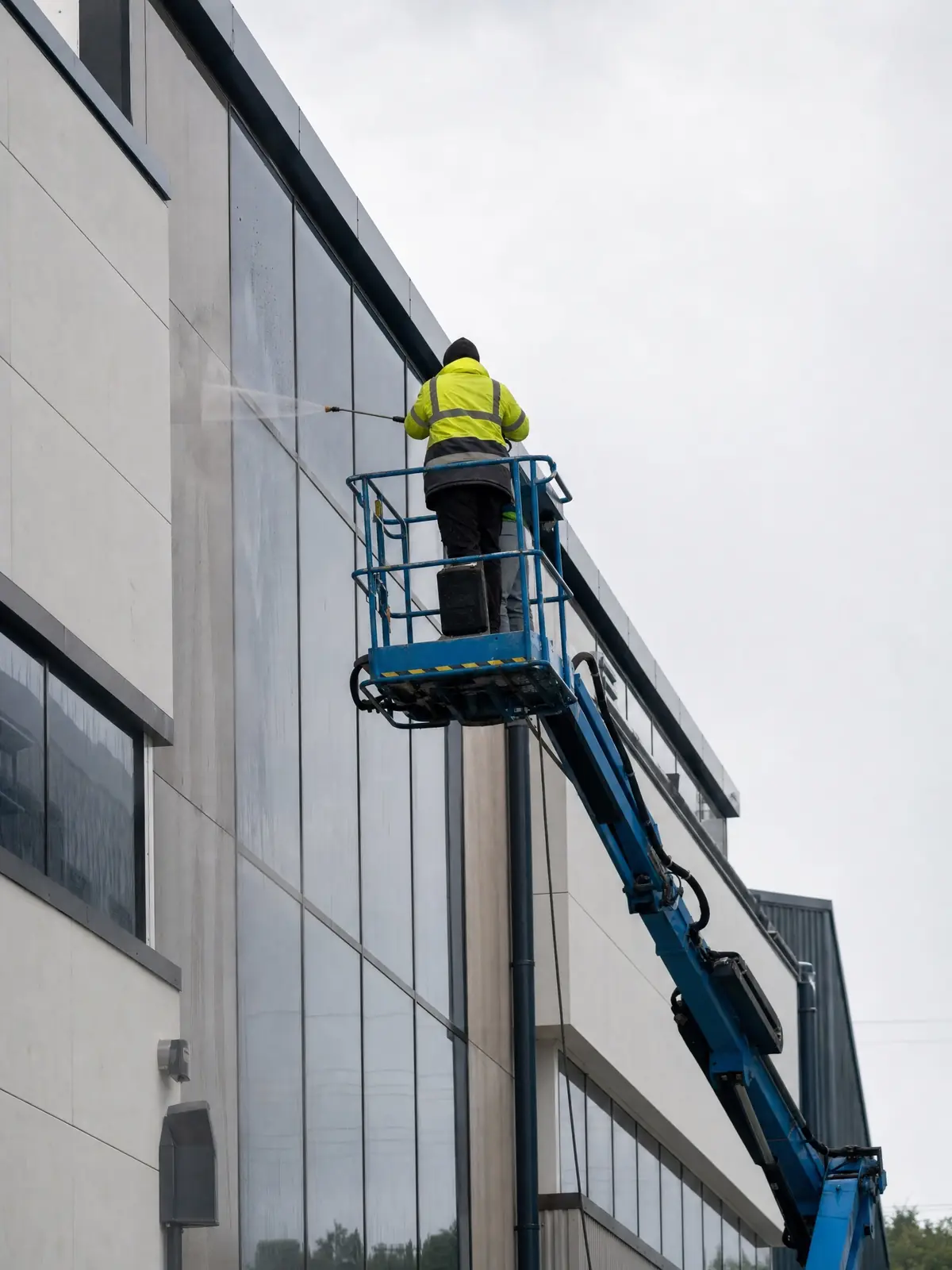 Operative on rope or platform access washing a high office facade