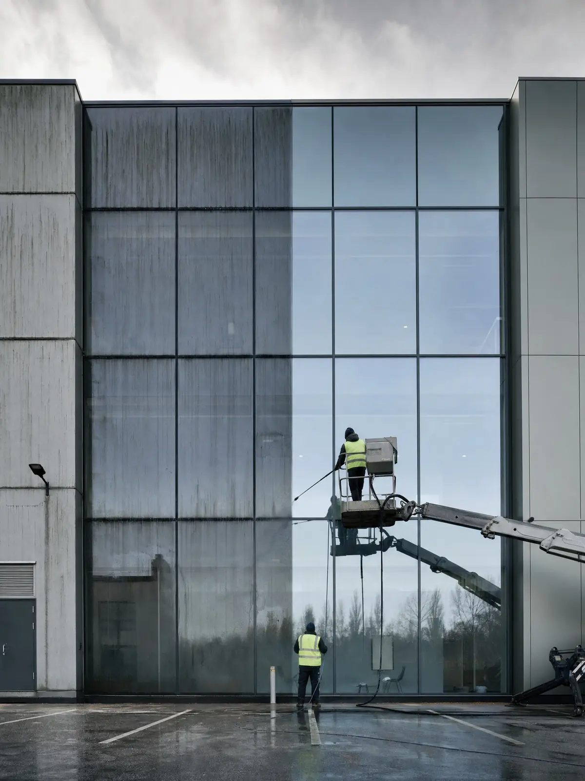 A large office facade half cleaned, grimy render beside restored surface