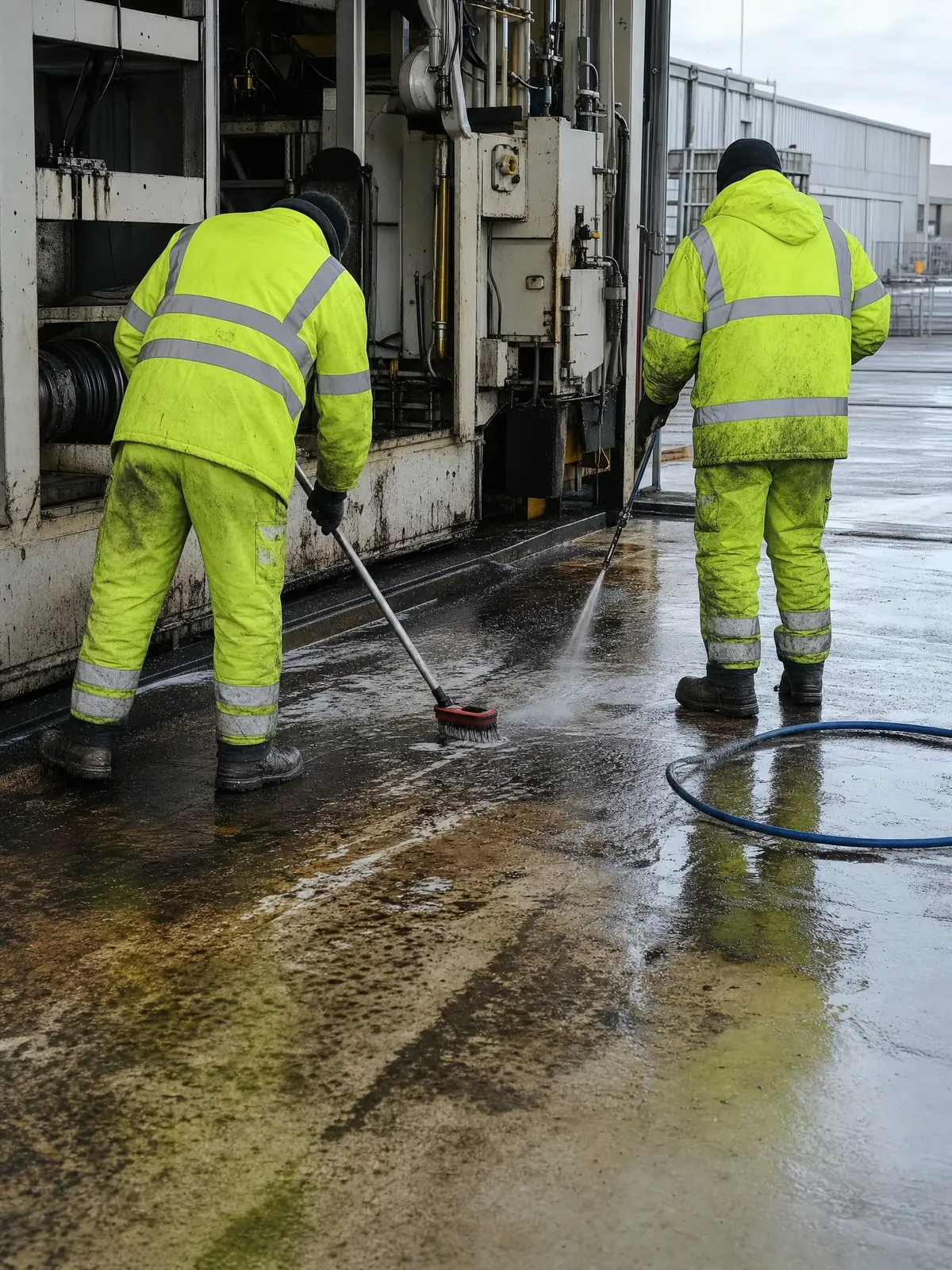 Operatives degreasing a heavy-soiled factory floor by a machine bay