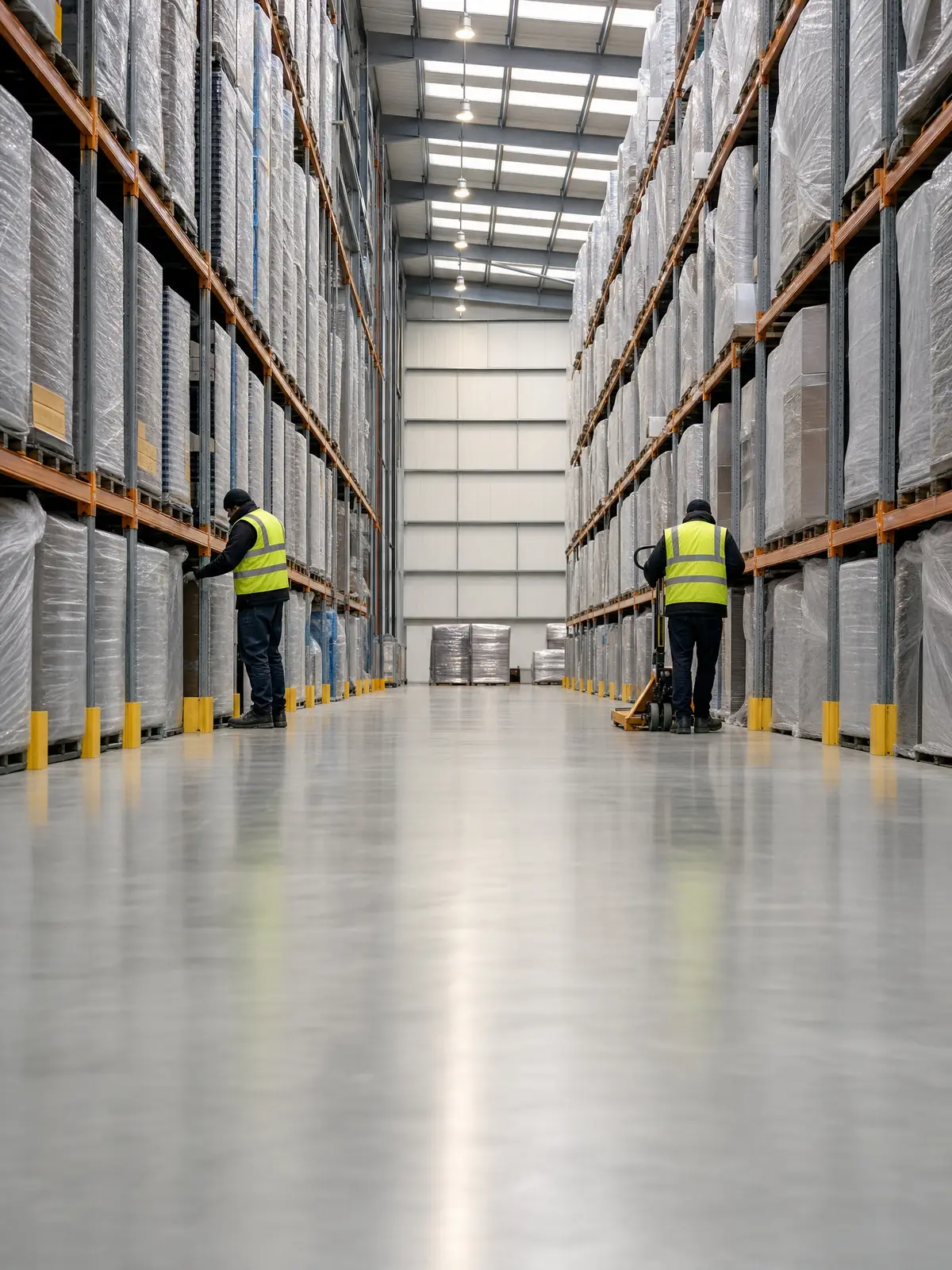 A spotless bright warehouse floor stretching into the distance