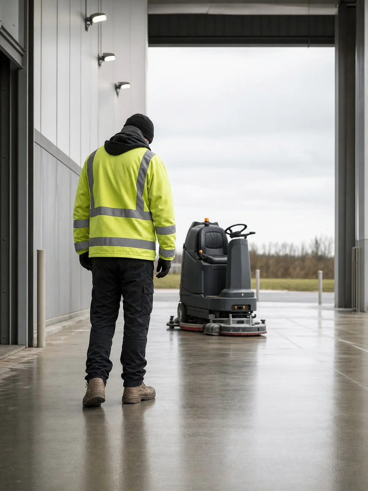 Operative inspecting a freshly scrubbed clean industrial floor