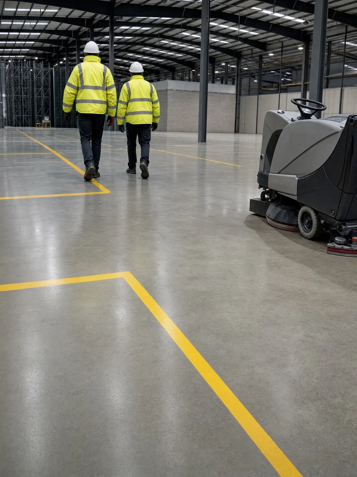 A finished spotless factory floor with equipment parked at completion