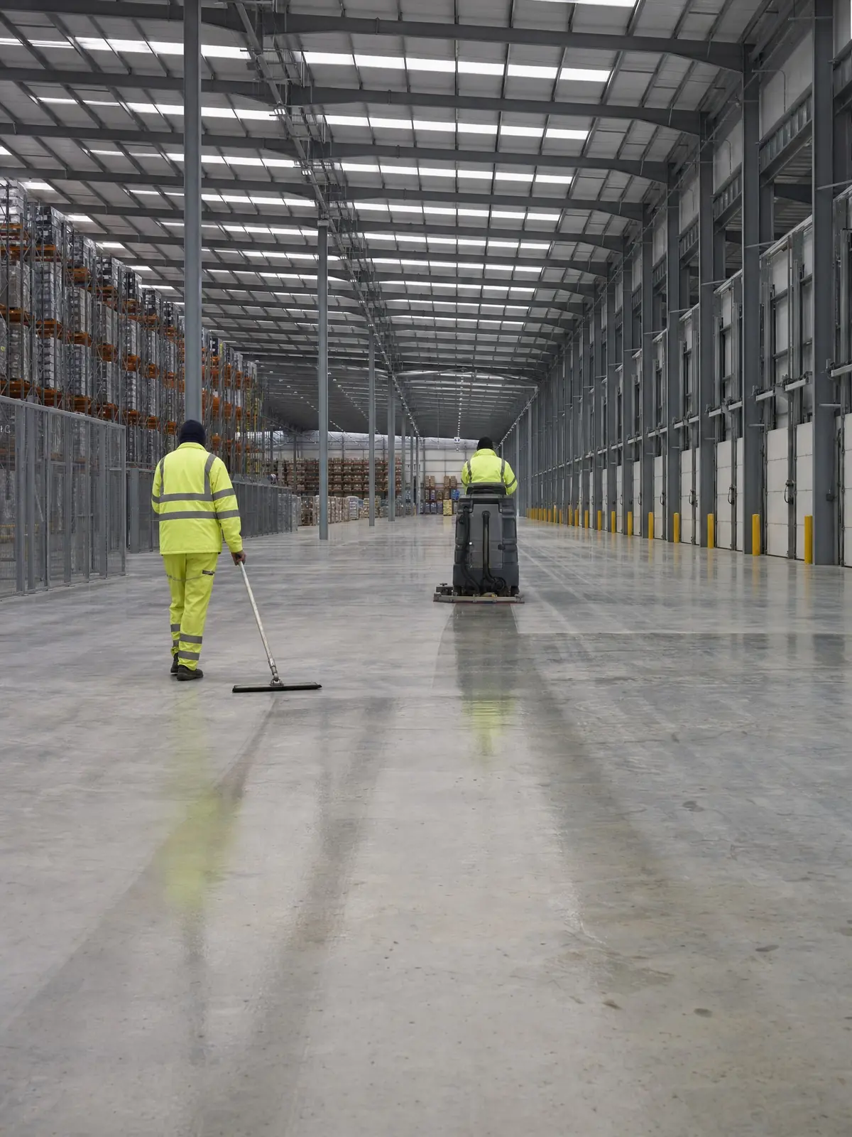 Wide view of a vast industrial floor being cleaned across a large site