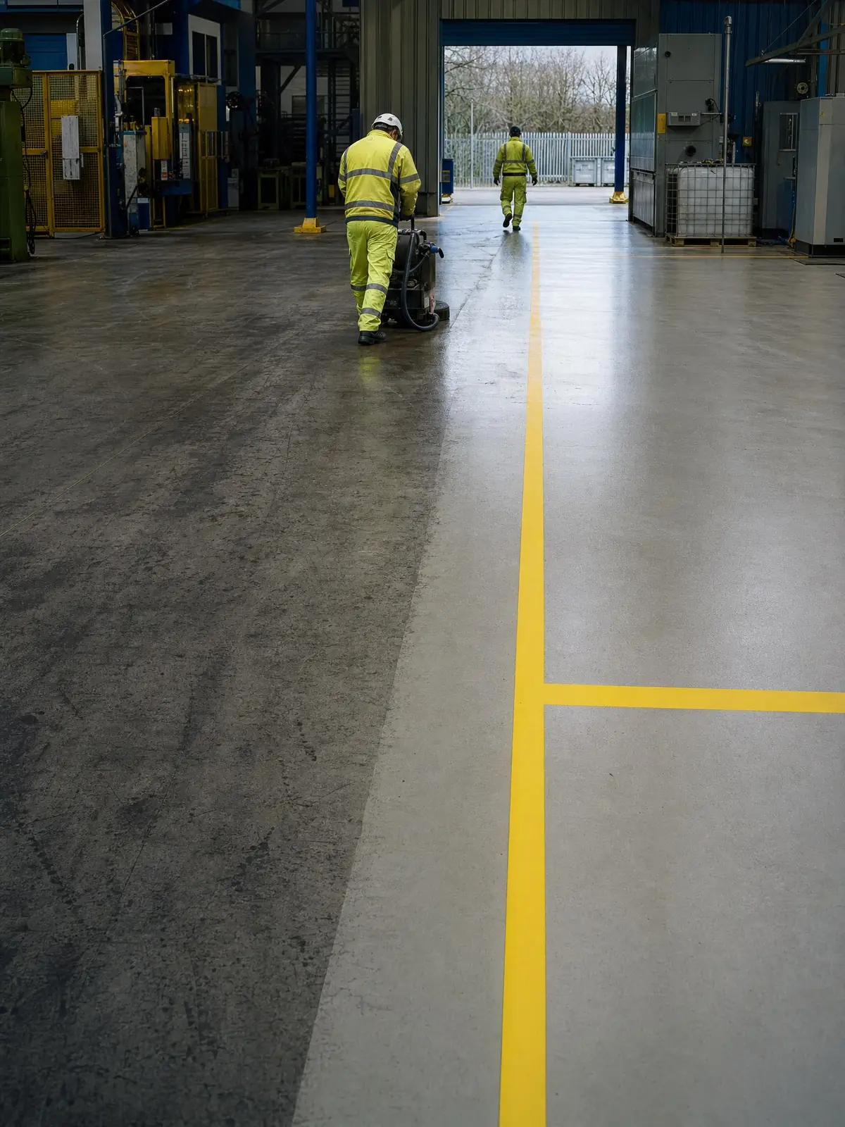 A large factory floor half scrubbed clean showing safety line markings