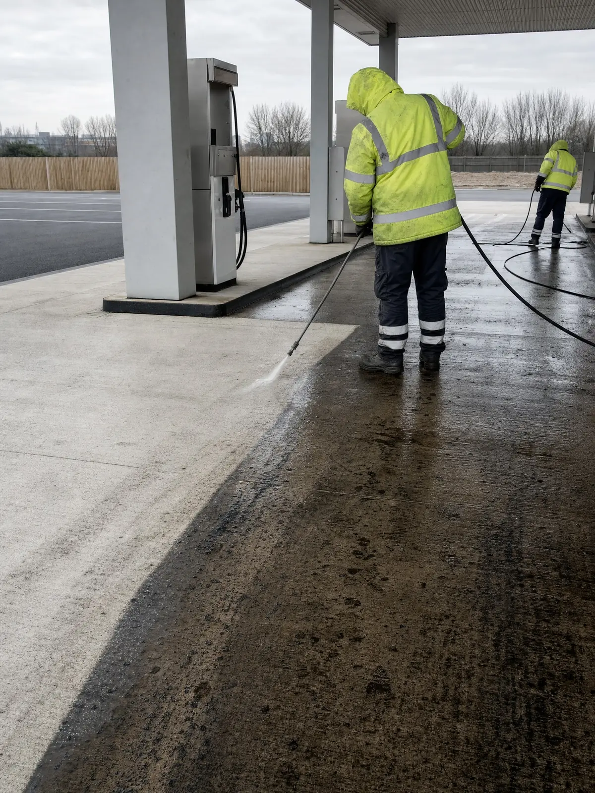 An oil-stained petrol station forecourt half pressure-washed clean