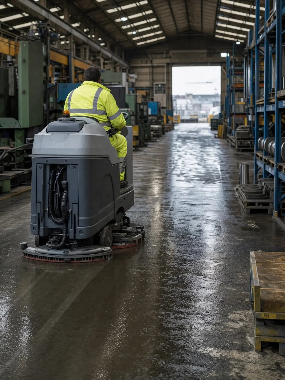 ICC operatives cleaning an oily factory floor with industrial machinery