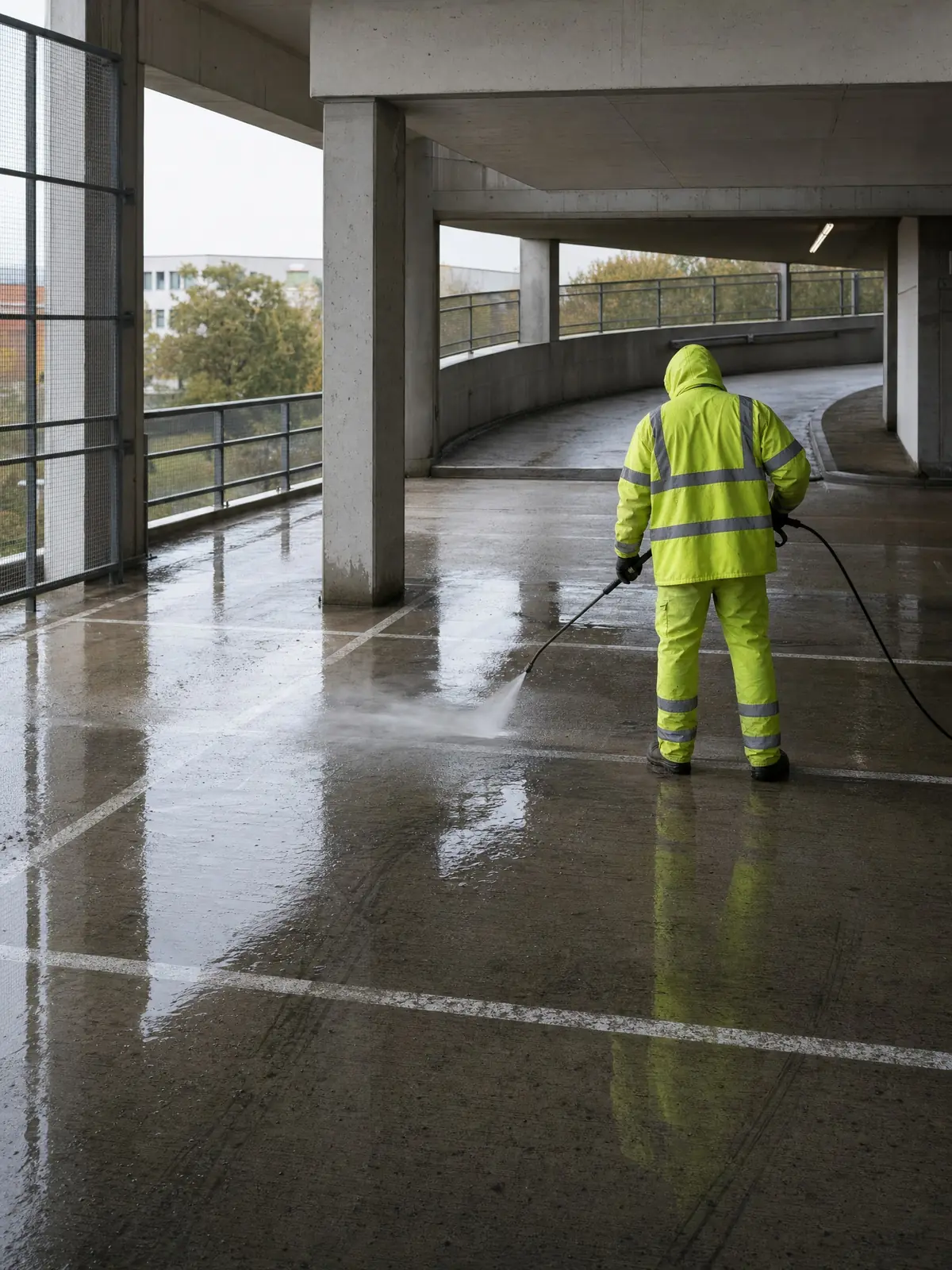 Pressure washing a multi-storey car park deck