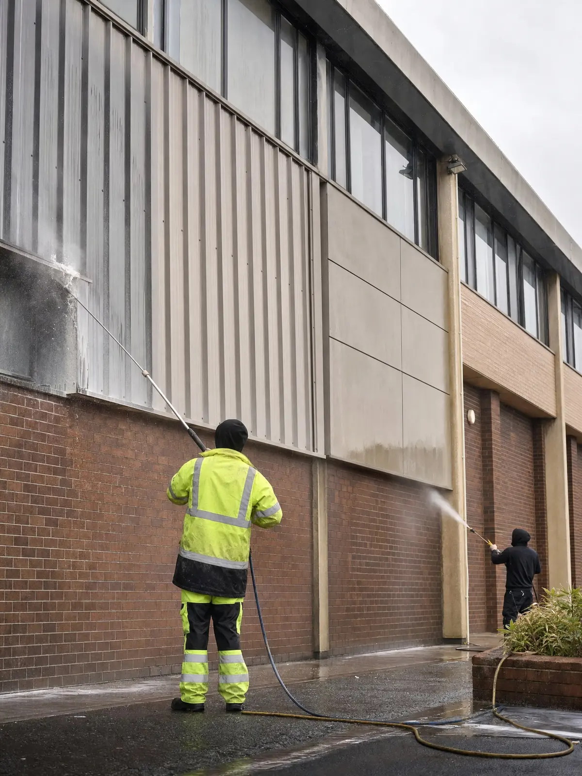 Softwashing a large commercial building elevation alongside pressure work