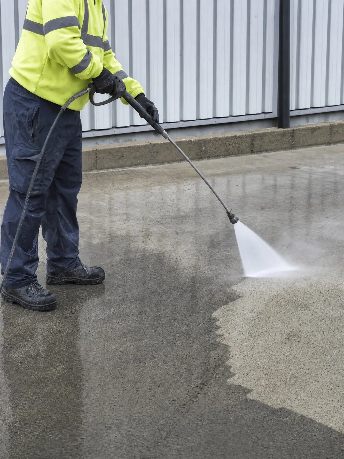 Operative using a high-pressure lance on a commercial surface