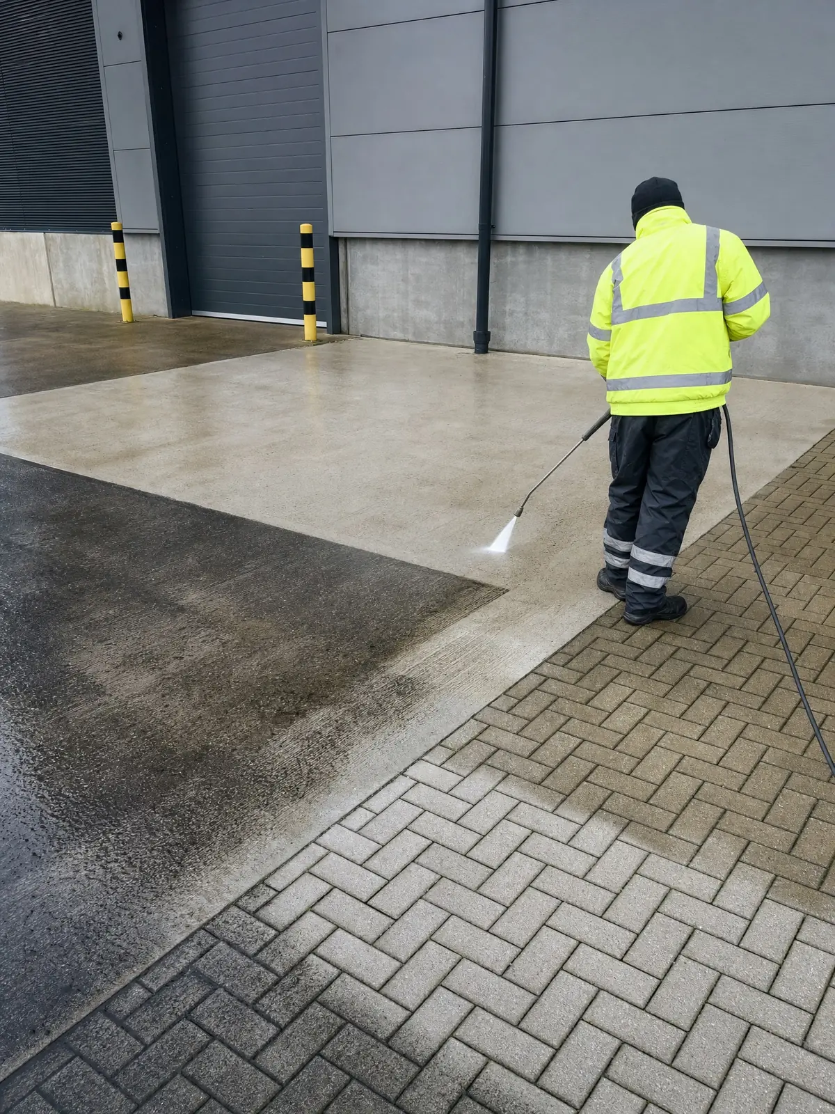 Different commercial hard surfaces being pressure-washed clean