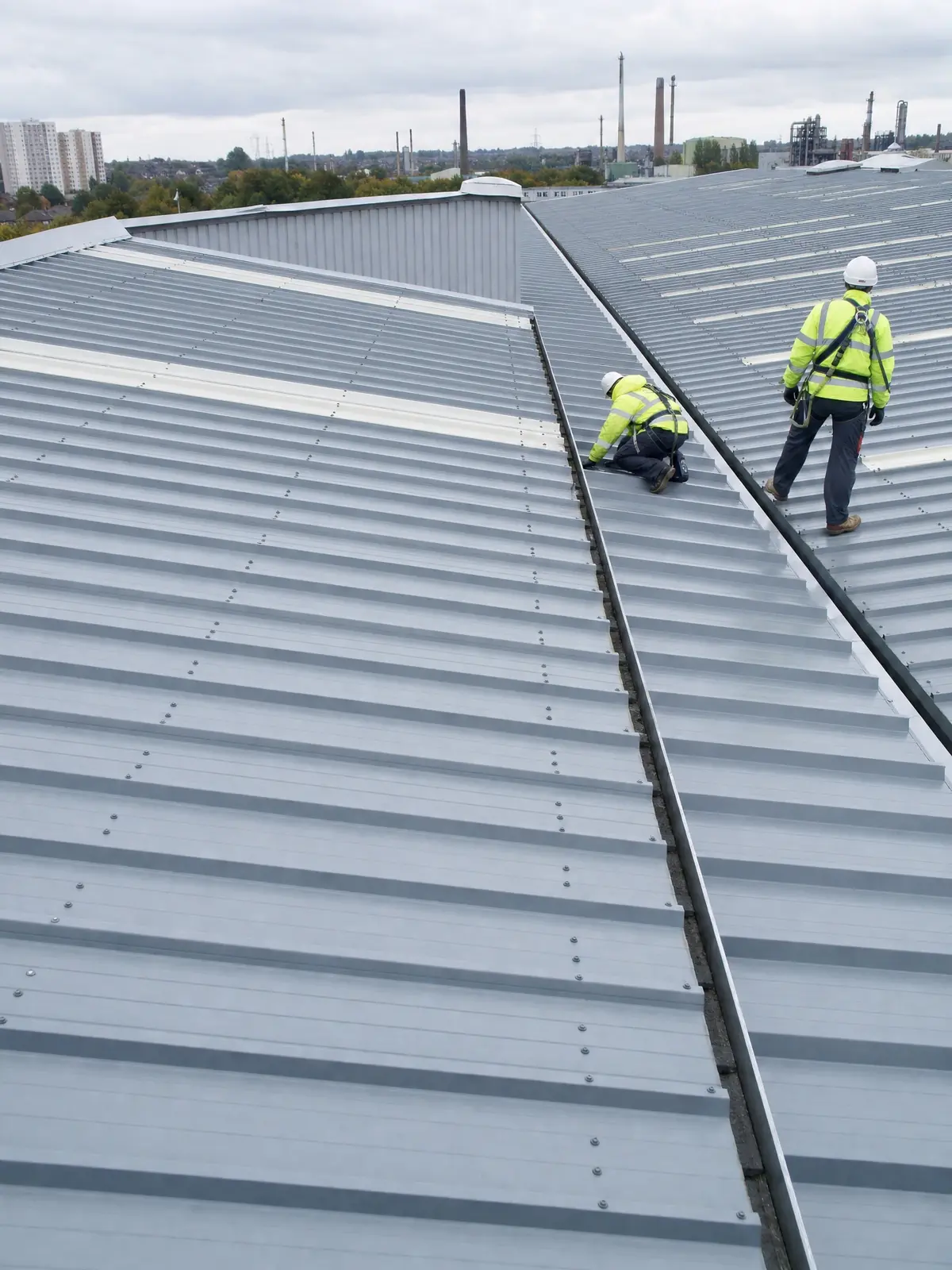 A clean grey industrial roof with clear gutters after cleaning