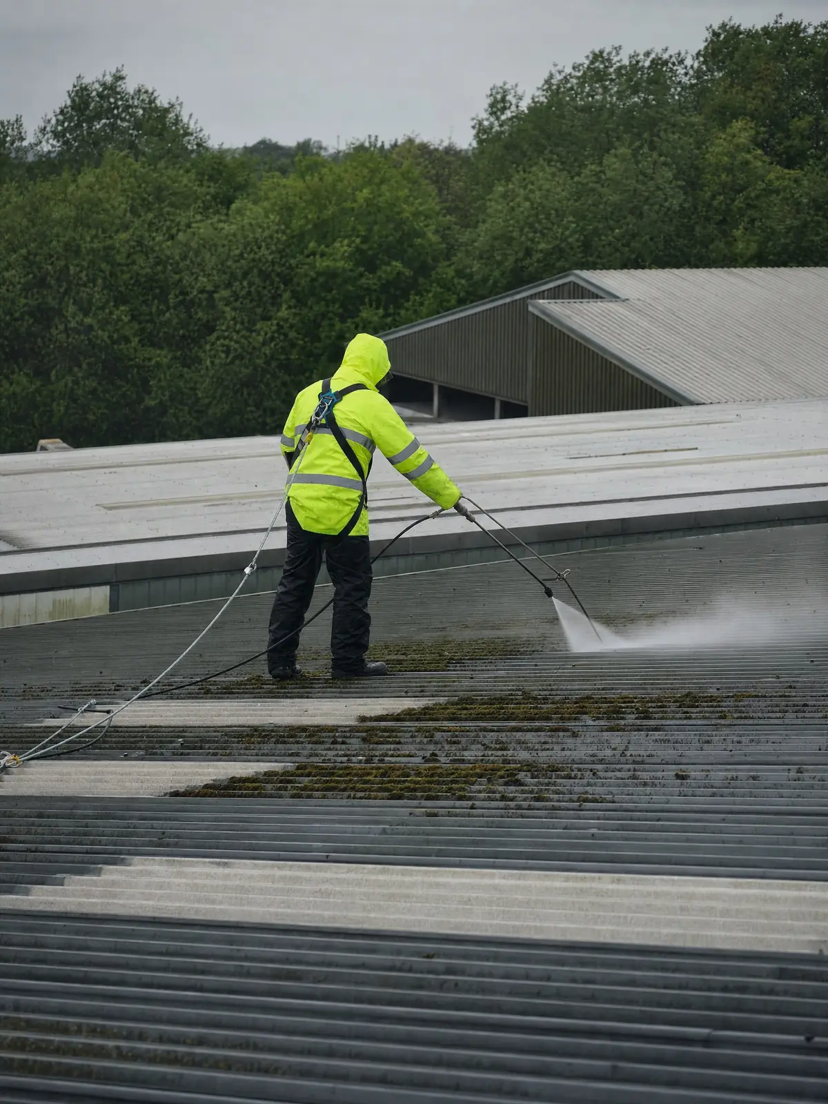 Operative on roof-access lines softwashing a profiled industrial roof