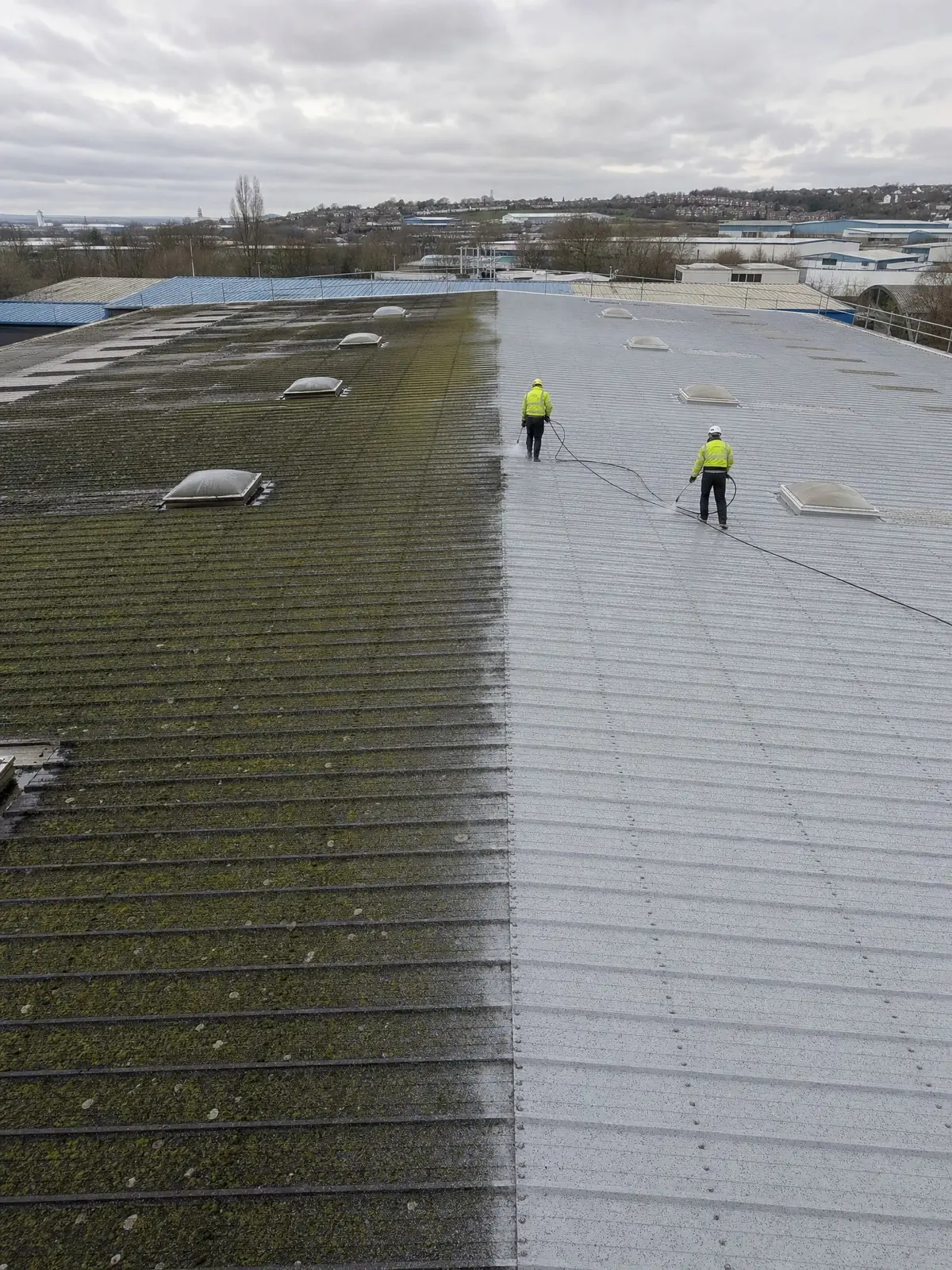 A large profiled metal factory roof half cleaned of moss and algae