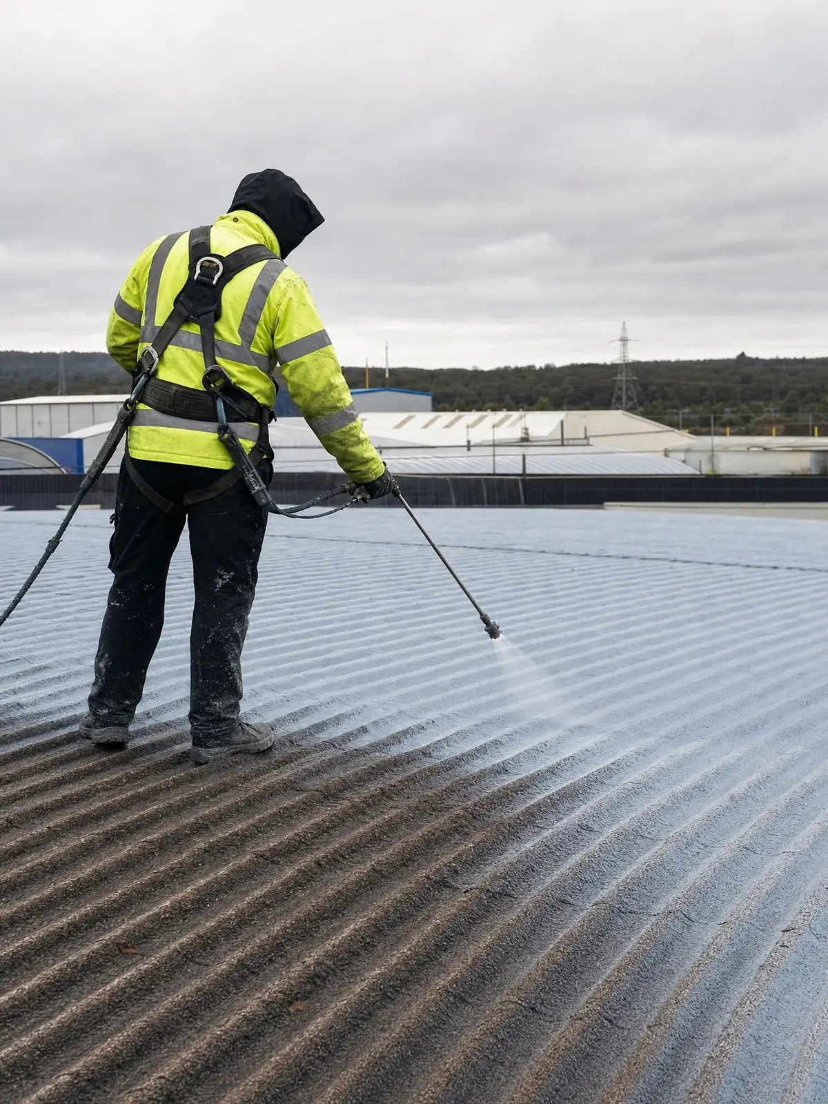 Operative spray-applying a roof coating to a commercial roof