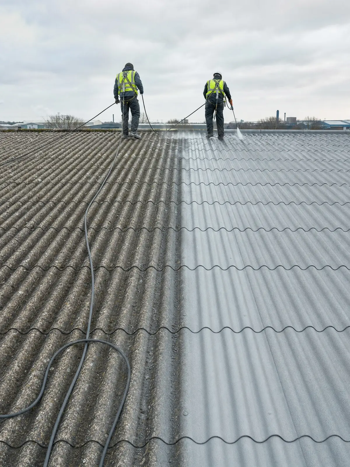 A faded weathered commercial roof half recoated to a fresh finish