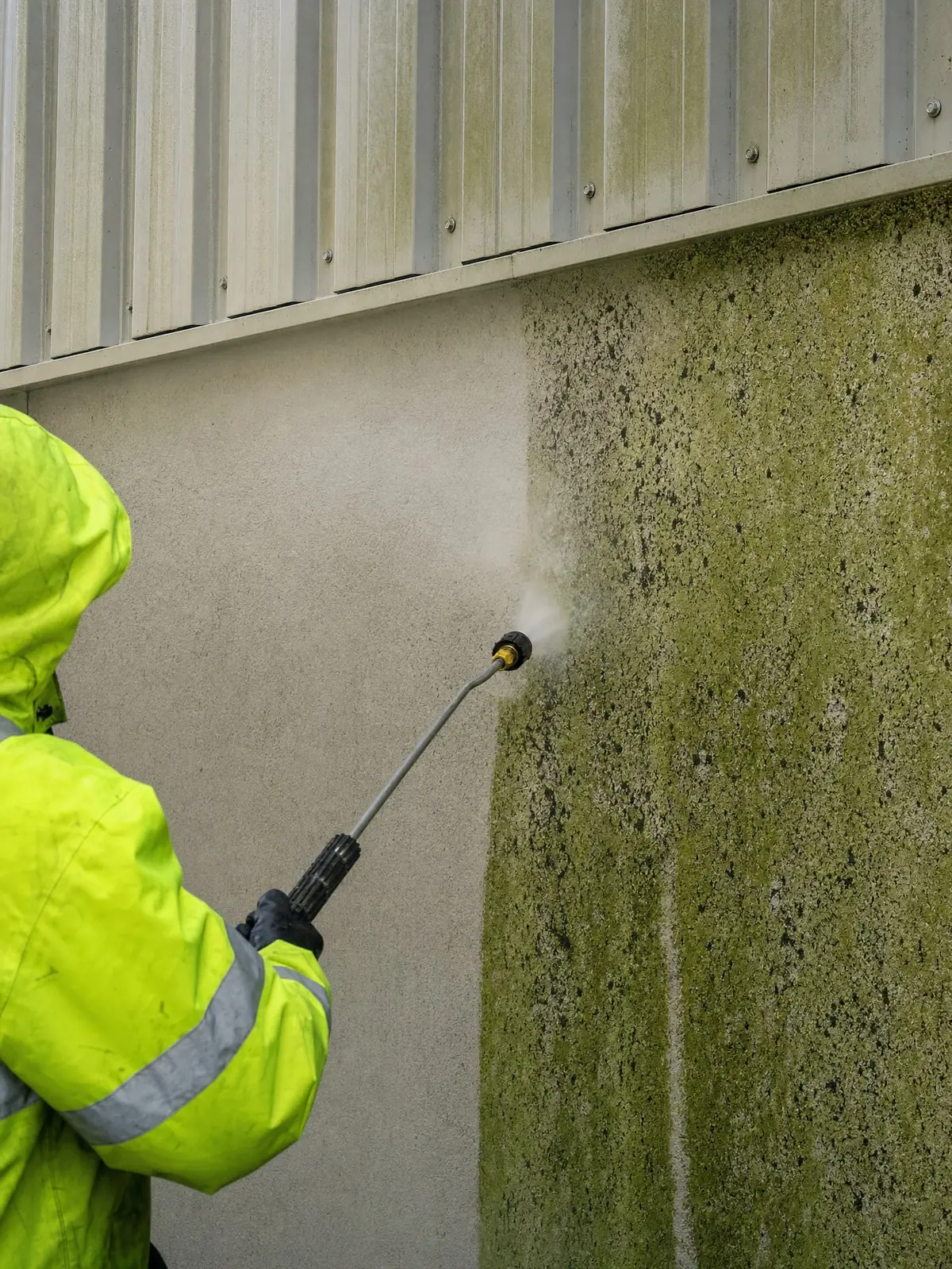 Close-up of thick green algae and black spotting on a building surface