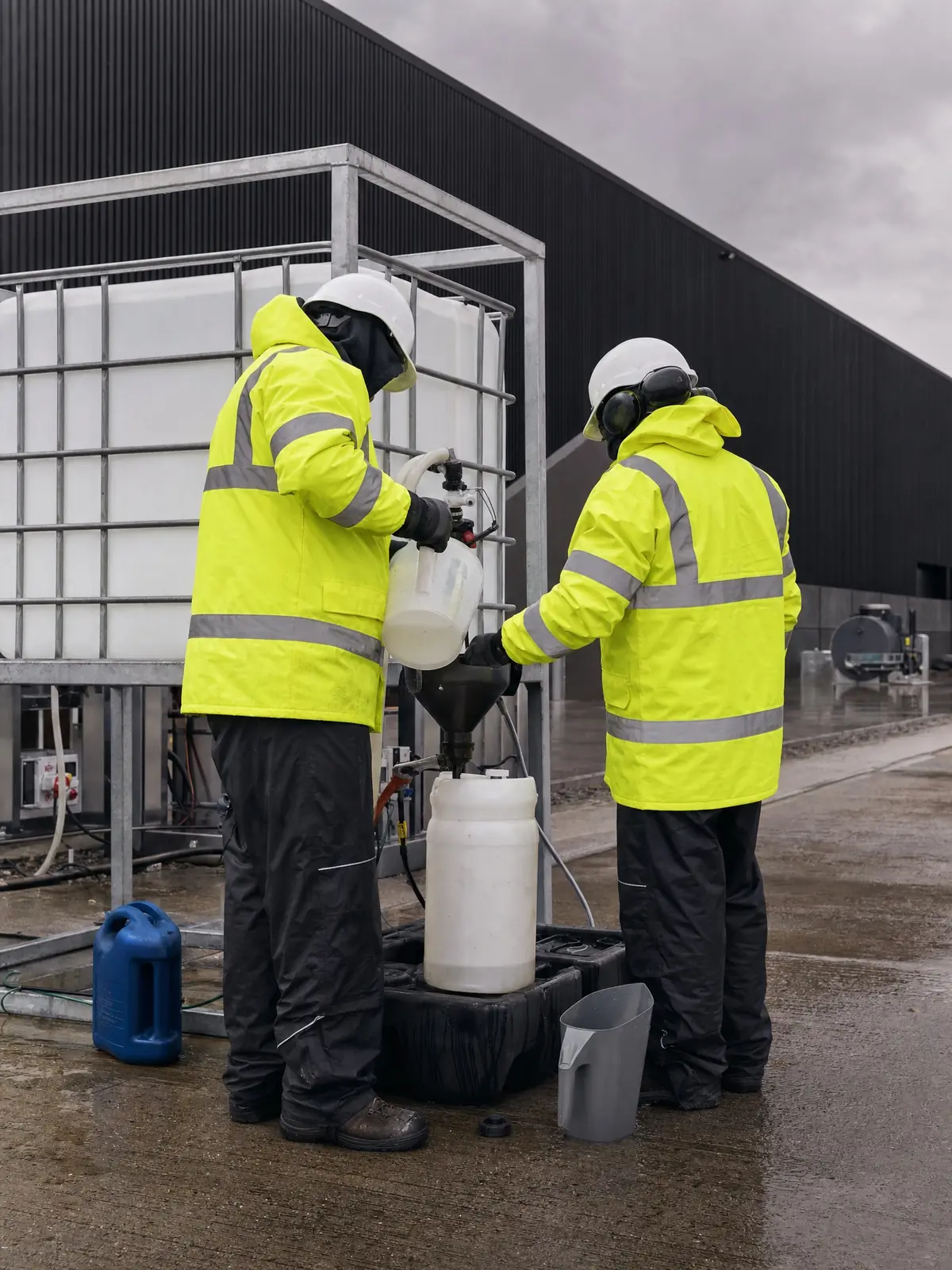 Operatives in full PPE mixing softwash solution safely on site