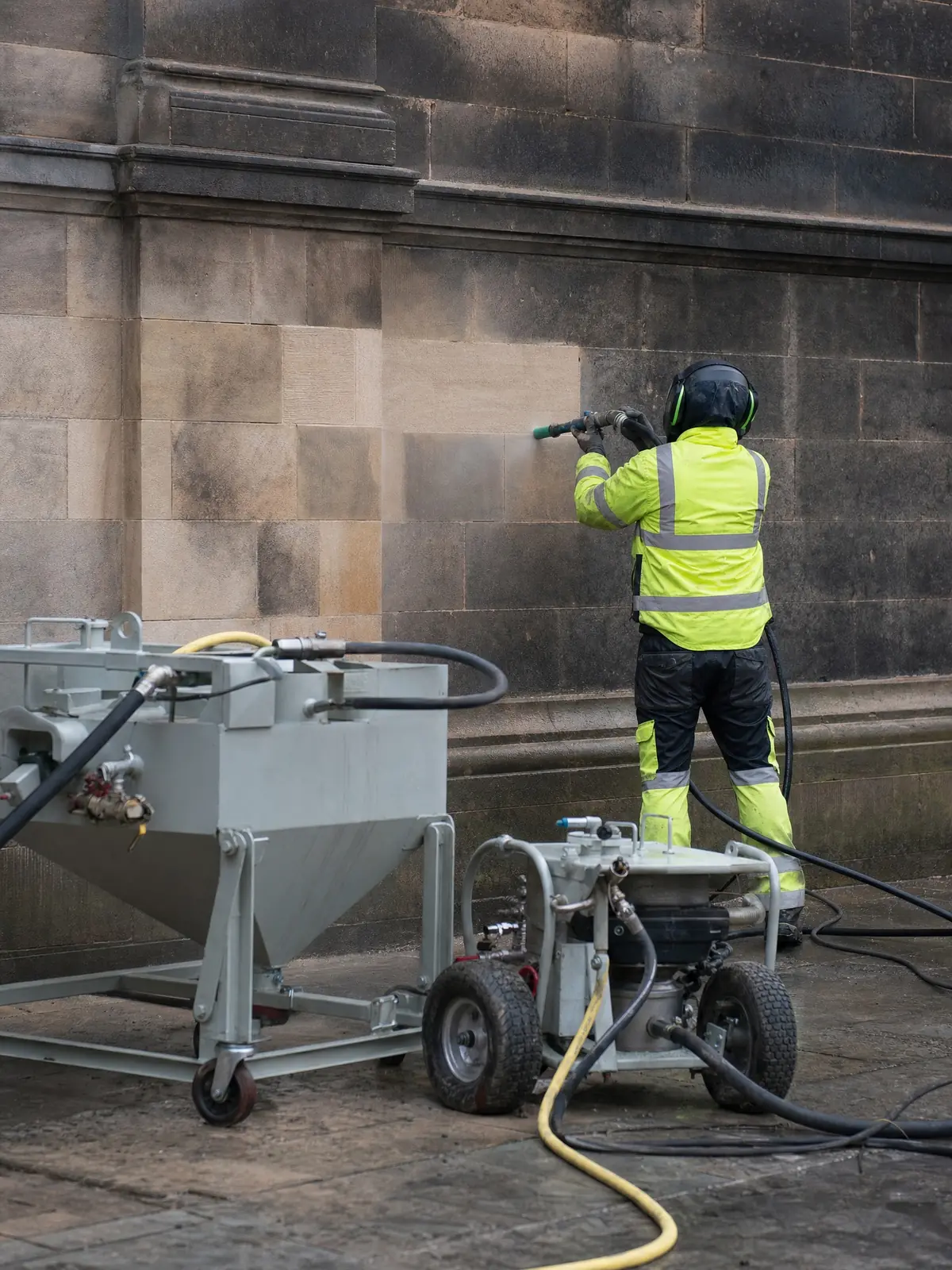 TORC equipment set up to clean a soiled stone facade
