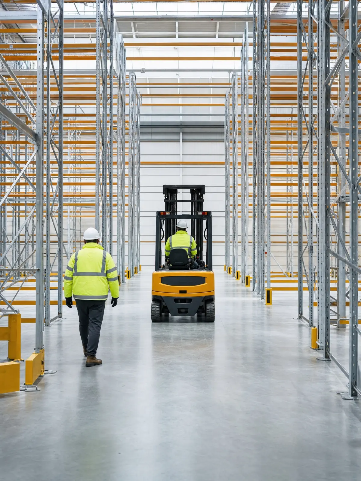 A spotless bright warehouse interior with clean floor and racking