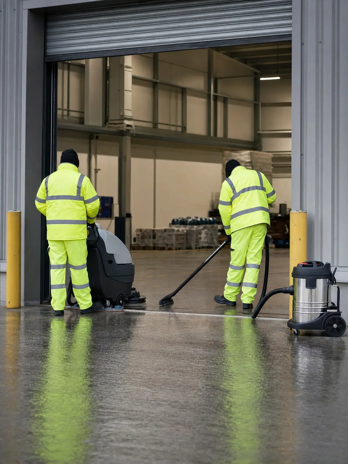 Operatives with cleaning equipment at a warehouse loading bay
