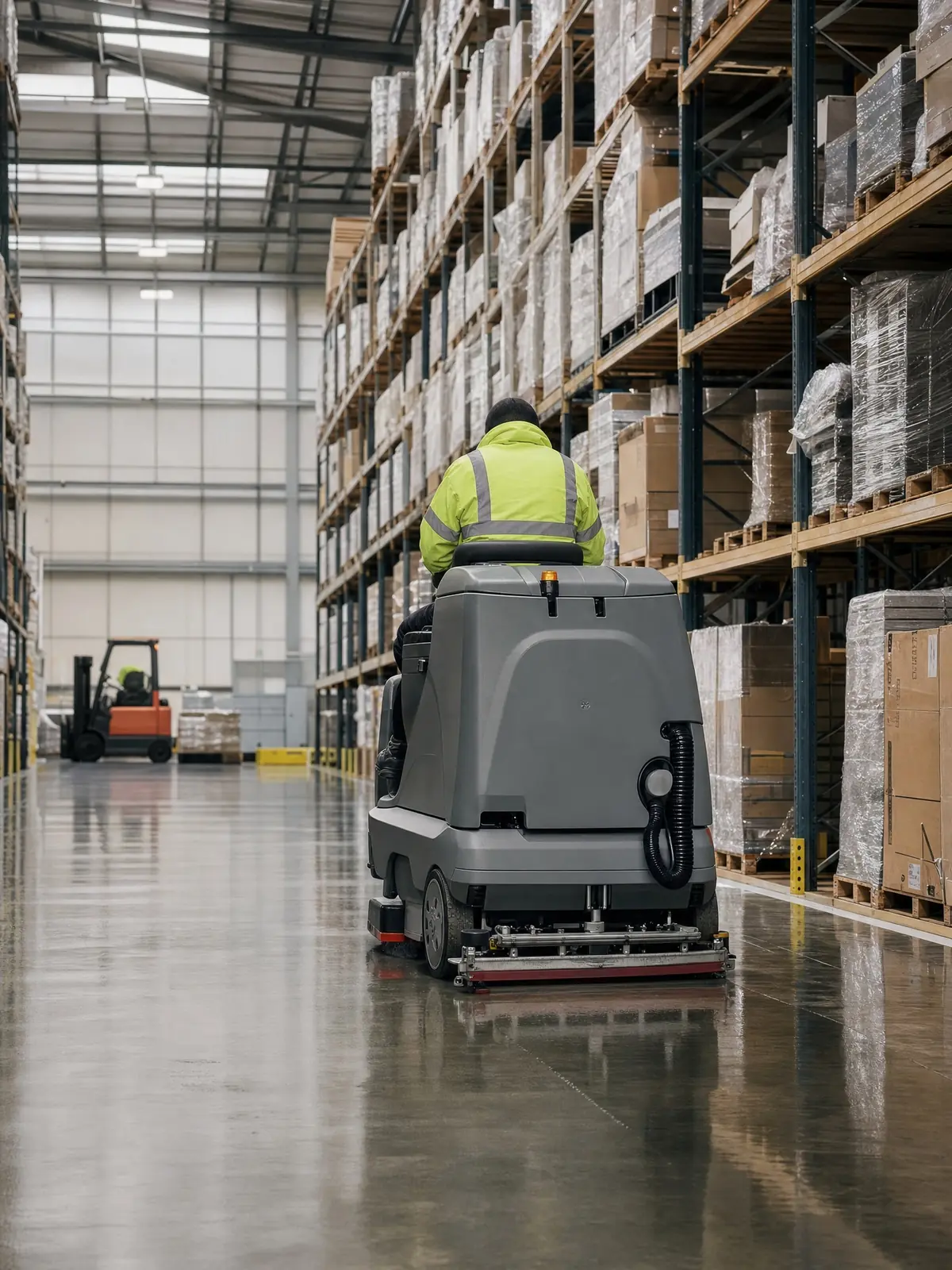 Scrubber-dryer cleaning a large warehouse floor