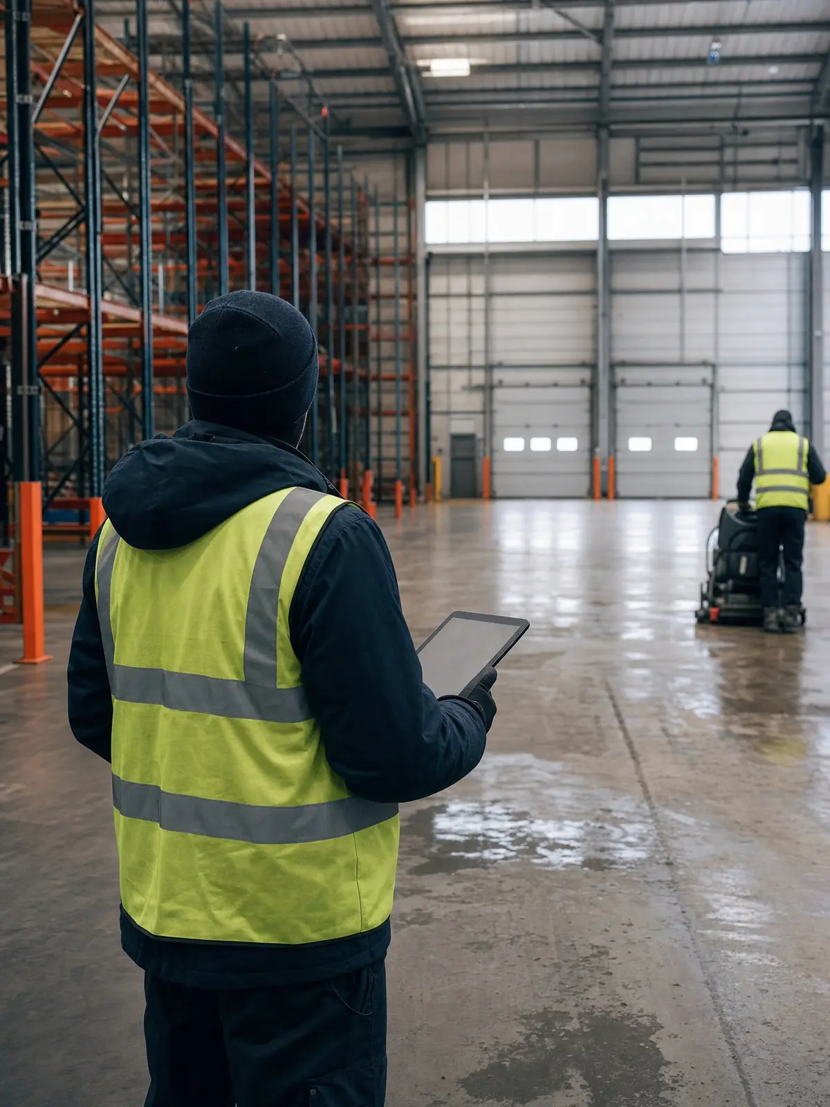 Operative surveying a warehouse before cleaning with a tablet